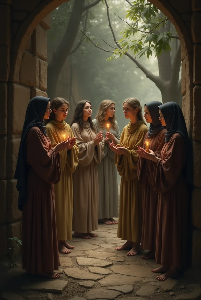 Five women in simple, elegant robes, with no flame on their lamp, and went to the antient village for to buy oil in night