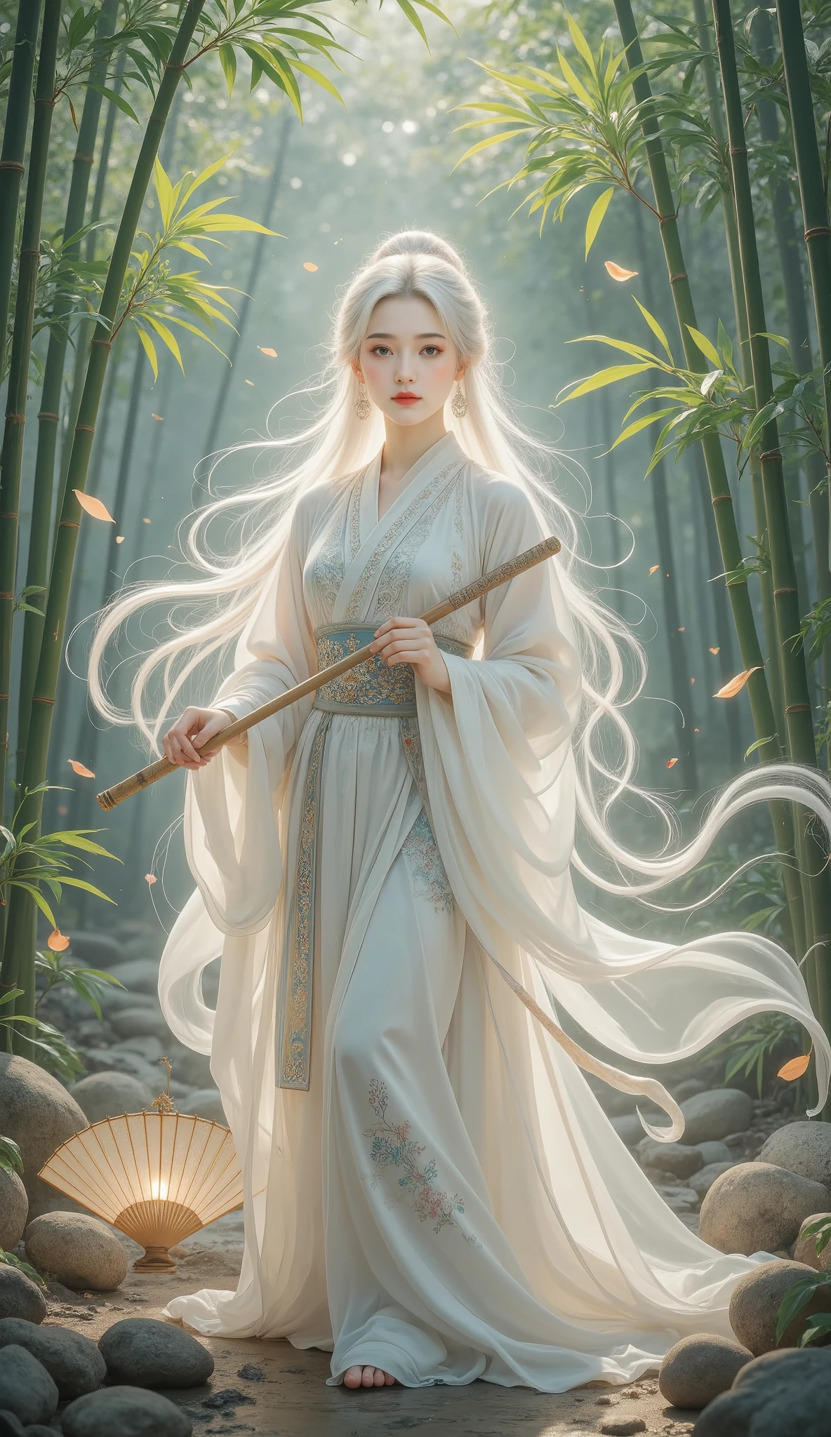 A beautiful girl in a bamboo forest, bamboo leaves falling softly, hazy atmosphere, long white hair, wearing a graceful white hanfu, alluring and elegant, holding a traditional oil-paper umbrella, carrying a lantern, holding a delicate folding fan, playing a bamboo flute, (best quality,4k,8k,highres,masterpiece:1.2),ultra-detailed,(realistic,photorealistic,photo-realistic:1.37),intricate details,cinematic lighting,vibrant colors,delicate brushstrokes,digital painting,fantasy,portrait