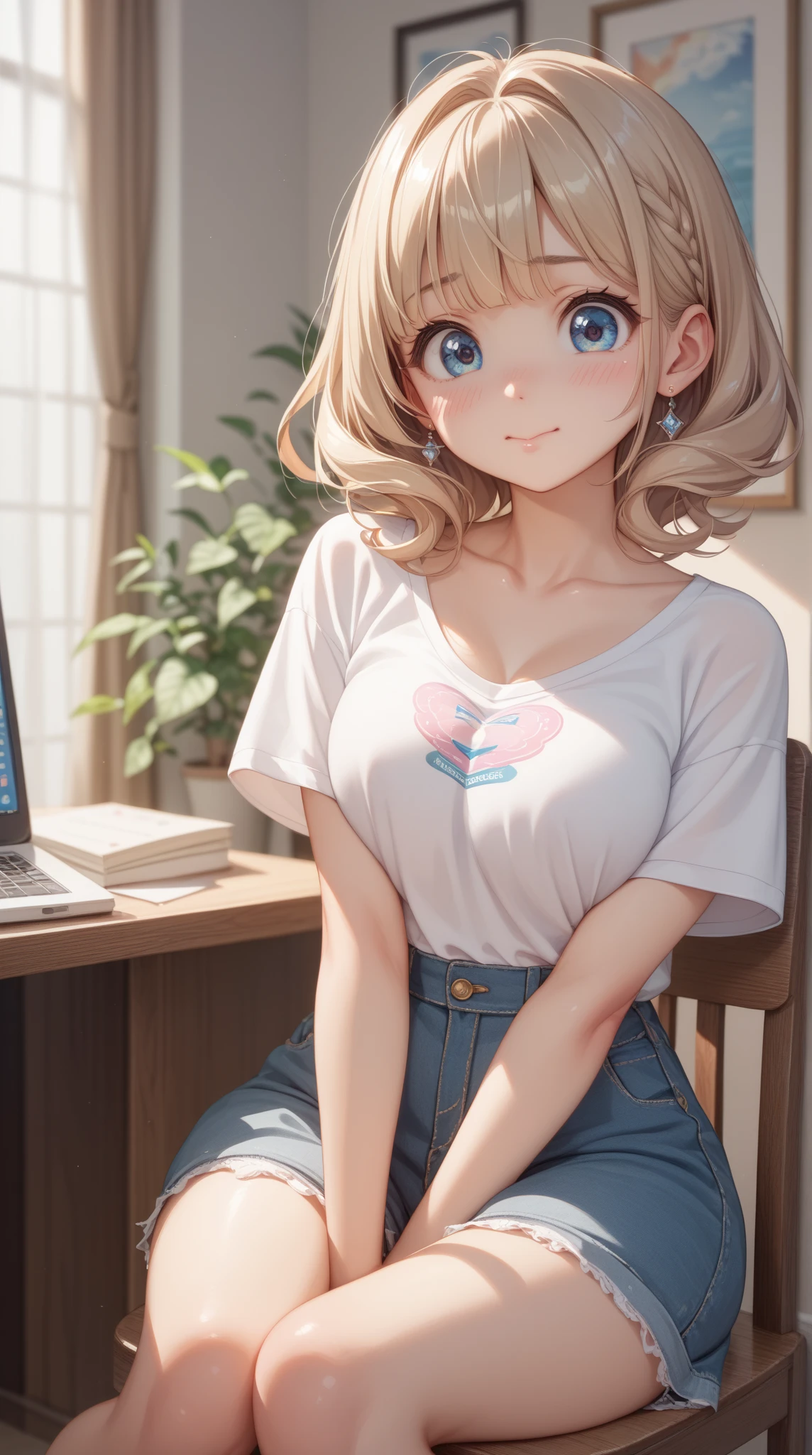(masterpiece:1.2, top-quality), (realistic, photorealistic:1.4), beautiful illustration, (natural side lighting, movie lighting), 
looking at viewer, (breast focus), (from above:1.1), close up, 1 woman, japanese, 20 years old, high school teacher, perfect face, cute and symmetrical face, shiny skin, babyface, 
(short hair, ponytail, sidelocks, ash blonde hair), parted bangs:0.2, gold eyes, drooping eyes, big eyes, (middle breasts, seductive thighs, big ass), piercings, 
beautiful hair, beautiful face, beautiful detailed eyes, beautiful clavicle, beautiful body, beautiful chest, beautiful thigh, beautiful legs, beautiful fingers, 
(black tight skirt, short sleeve white collared shirt), 
(beautiful scenery), summer, evening, (computer office:1.2), standing, leaning forward, (lovely smile, upper eyes),