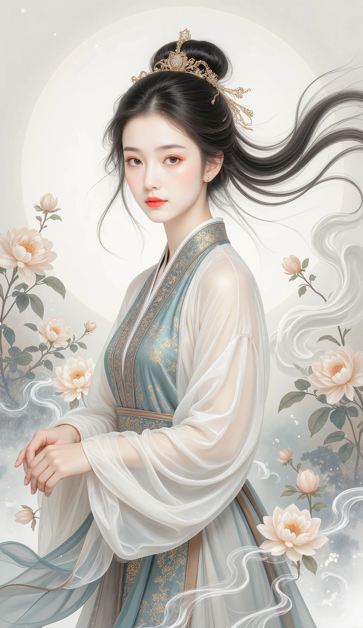 (Blind cool beautiful girl wearing white),Flowing sleeves,watery big eyes,Beautiful face and smooth fair skin,s delicate face,Flowing black hair,An ancient Chinese beauty,wearing ancient Chinese costume,Flowing tulle,Light shades,Light color,(clean backdrop),Ink painting style,Clean colors,Decisive cut,A white space,unarmed,tmasterpiece, Ultra-delicate,Epic composition,high high quality,HighestQuali,4K