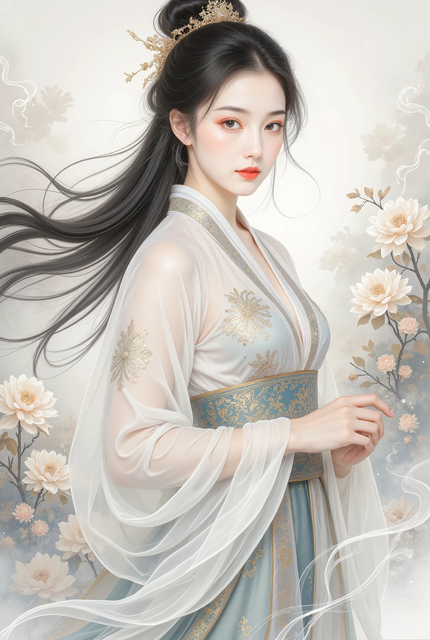 (Blind cool beautiful girl wearing white),Flowing sleeves,watery big eyes,Beautiful face and smooth fair skin,s delicate face,Flowing black hair,An ancient Chinese beauty,wearing ancient Chinese costume,Flowing tulle,Light shades,Light color,(clean backdrop),Ink painting style,Clean colors,Decisive cut,A white space,unarmed,tmasterpiece, Ultra-delicate,Epic composition,high high quality,HighestQuali,4K