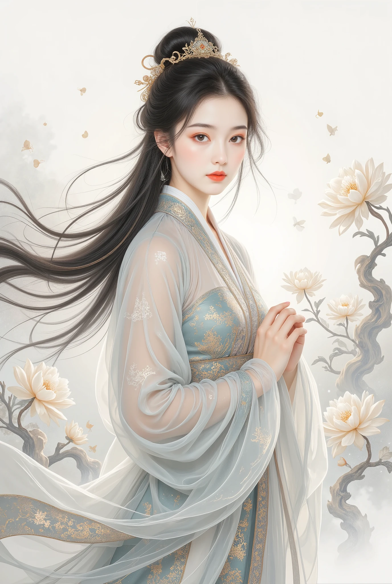 (Blind cool beautiful girl wearing white),Flowing sleeves,watery big eyes,Beautiful face and smooth fair skin,s delicate face,Flowing black hair,An ancient Chinese beauty,wearing ancient Chinese costume,Flowing tulle,Light shades,Light color,(clean backdrop),Ink painting style,Clean colors,Decisive cut,A white space,unarmed,tmasterpiece, Ultra-delicate,Epic composition,high high quality,HighestQuali,4K