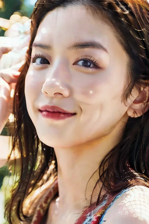 ​masterpiece、top-quality、realisitic、(A hyper-realistic), (illustratio), (hight resolution), (8K), (ighly detailed), (The best illustrations), (beatiful detailed eyes), (top-quality), (ultra-detailliert), (​masterpiece), (wall-paper), (详细的脸), a bed、Upper body close-up,Armpit, A smile,Plump,独奏,（Girl in silk white tank top with wide open chest）, full of sweat, japanes, large full breasts, (camel's toe)、huge-breasted、Luxury living room、Detailed, well-groomed white teeth、Ultimate Beauty、shot on the Canon EOS R 6、full of sweat、She's wet、Navel out、Perfect clean teeth、cleavage of the breast、Brown eyebrows、