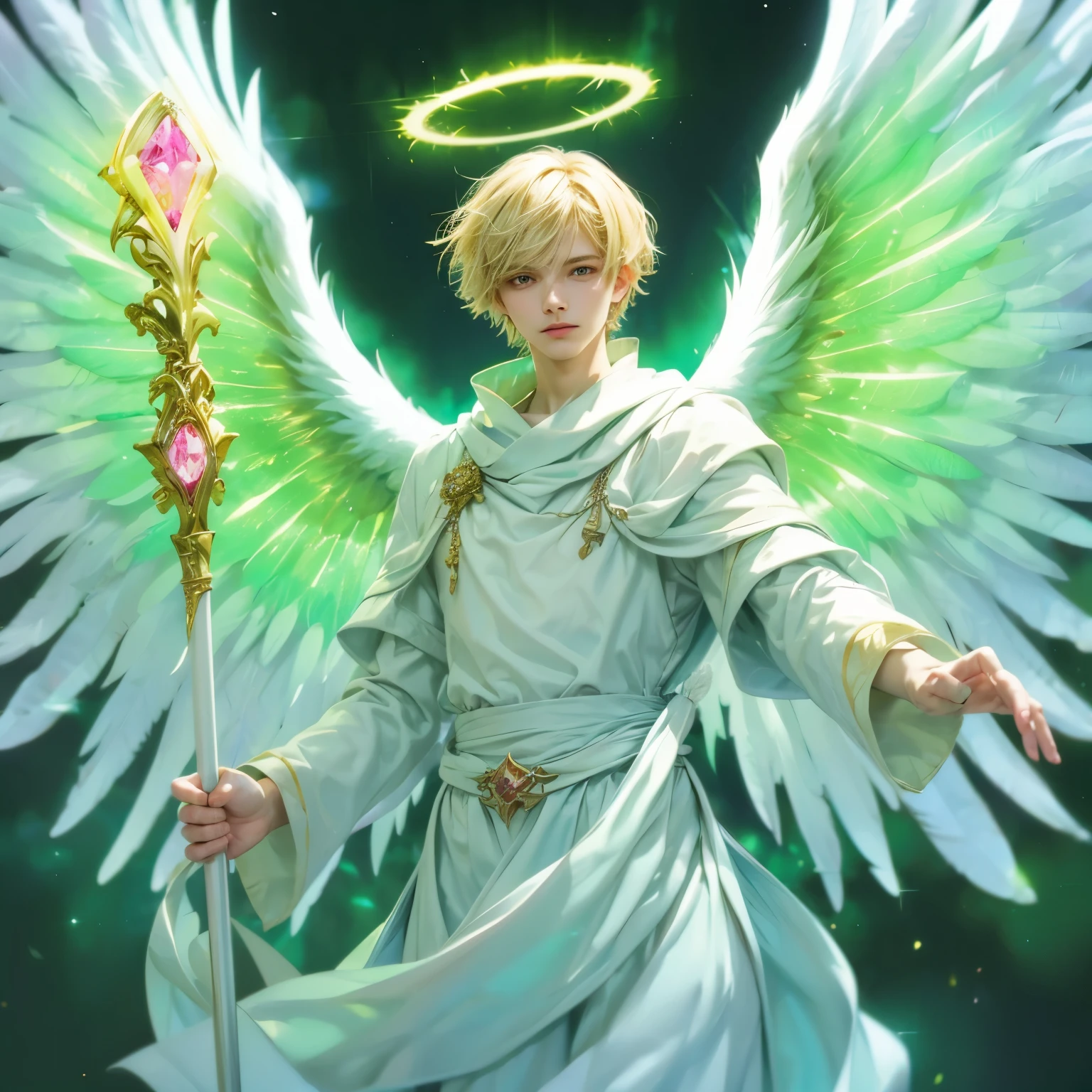 Handsome boy, yellow hair, brown eyes, yellow halo, yellow and white suit, yellow wings, holding yellow sword