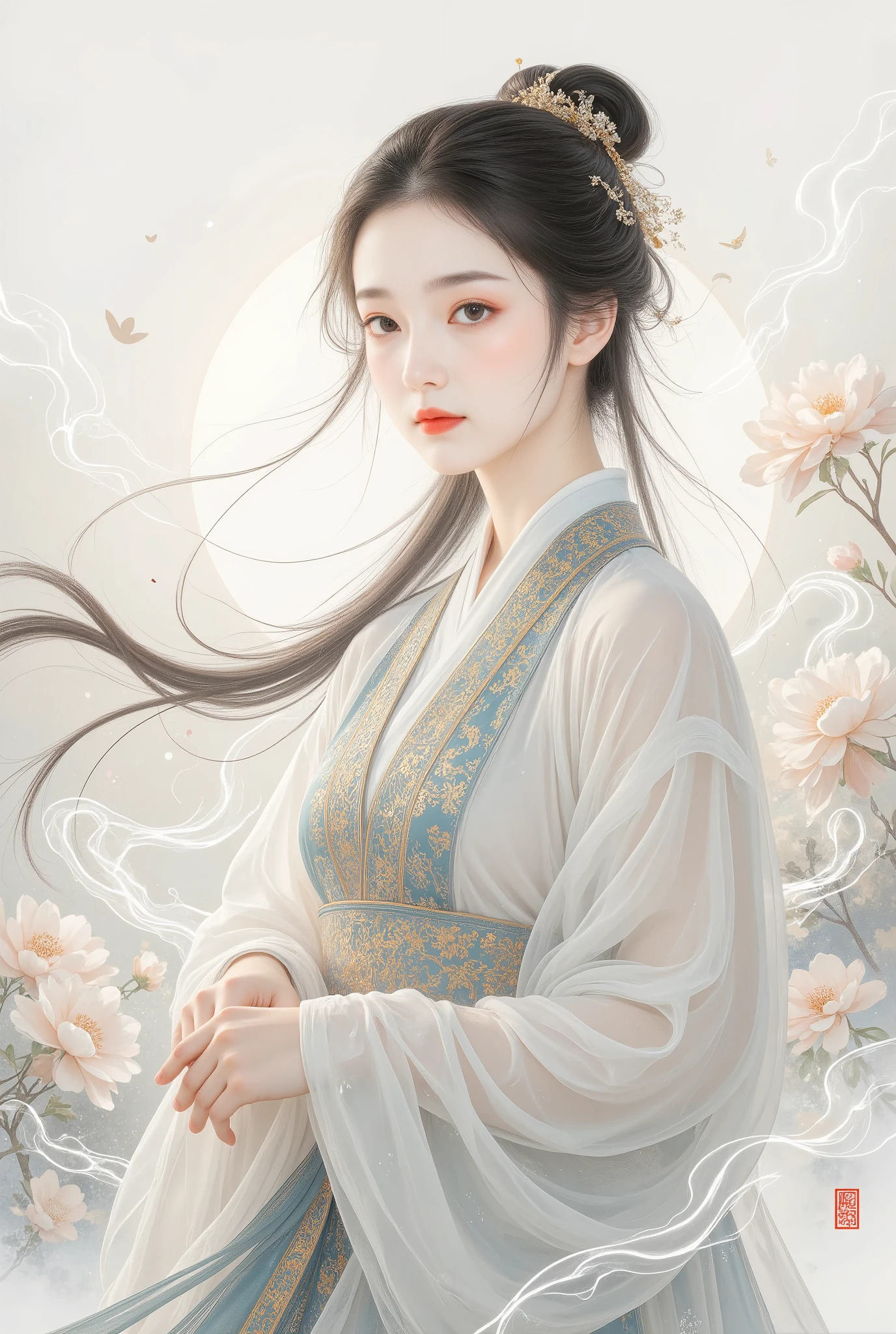 (Blind cool beautiful girl wearing white),Flowing sleeves,watery big eyes,Beautiful face and smooth fair skin,s delicate face,Flowing black hair,An ancient Chinese beauty,wearing ancient Chinese costume,Flowing tulle,Light shades,Light color,(clean backdrop),Ink painting style,Clean colors,Decisive cut,A white space,unarmed,tmasterpiece, Ultra-delicate,Epic composition,high high quality,HighestQuali,4K