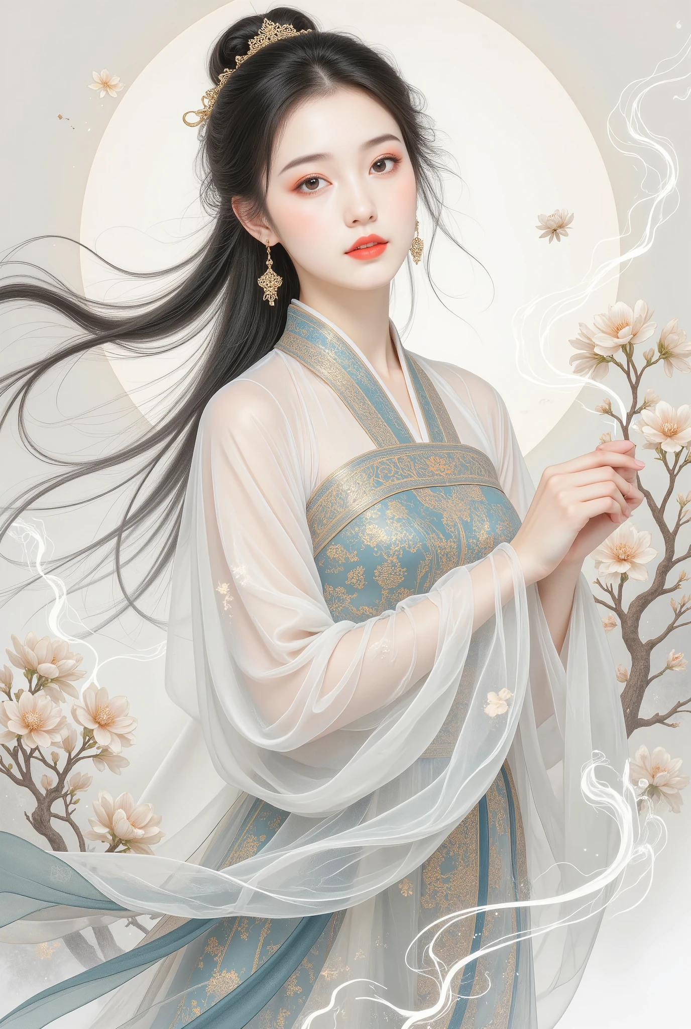 (Blind cool beautiful girl wearing white),Flowing sleeves,watery big eyes,Beautiful face and smooth fair skin,s delicate face,Flowing black hair,An ancient Chinese beauty,wearing ancient Chinese costume,Flowing tulle,Light shades,Light color,(clean backdrop),Ink painting style,Clean colors,Decisive cut,A white space,unarmed,tmasterpiece, Ultra-delicate,Epic composition,high high quality,HighestQuali,4K