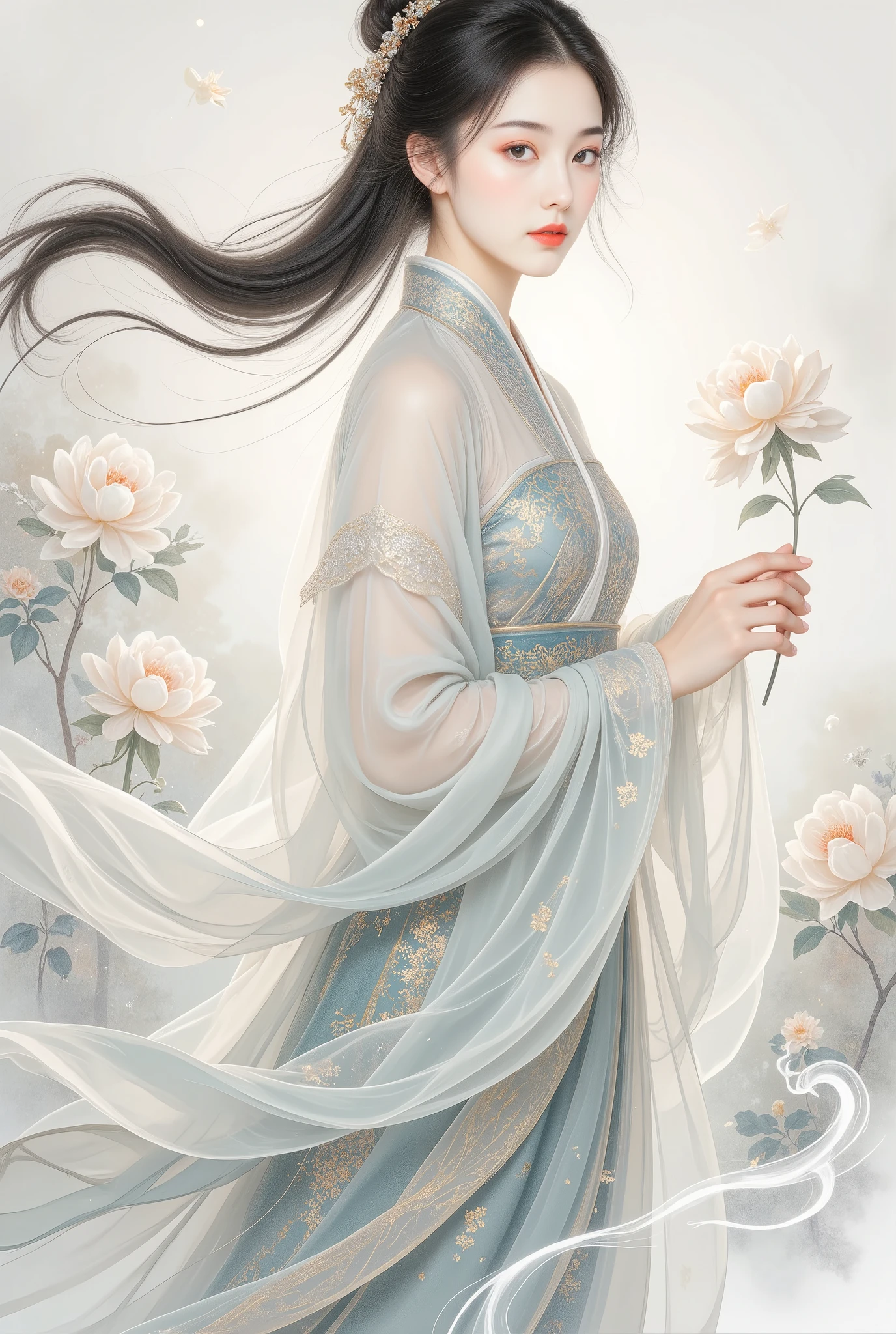 (Blind cool beautiful girl wearing white),Flowing sleeves,watery big eyes,Beautiful face and smooth fair skin,s delicate face,Flowing black hair,An ancient Chinese beauty,wearing ancient Chinese costume,Flowing tulle,Light shades,Light color,(clean backdrop),Ink painting style,Clean colors,Decisive cut,A white space,unarmed,tmasterpiece, Ultra-delicate,Epic composition,high high quality,HighestQuali,4K