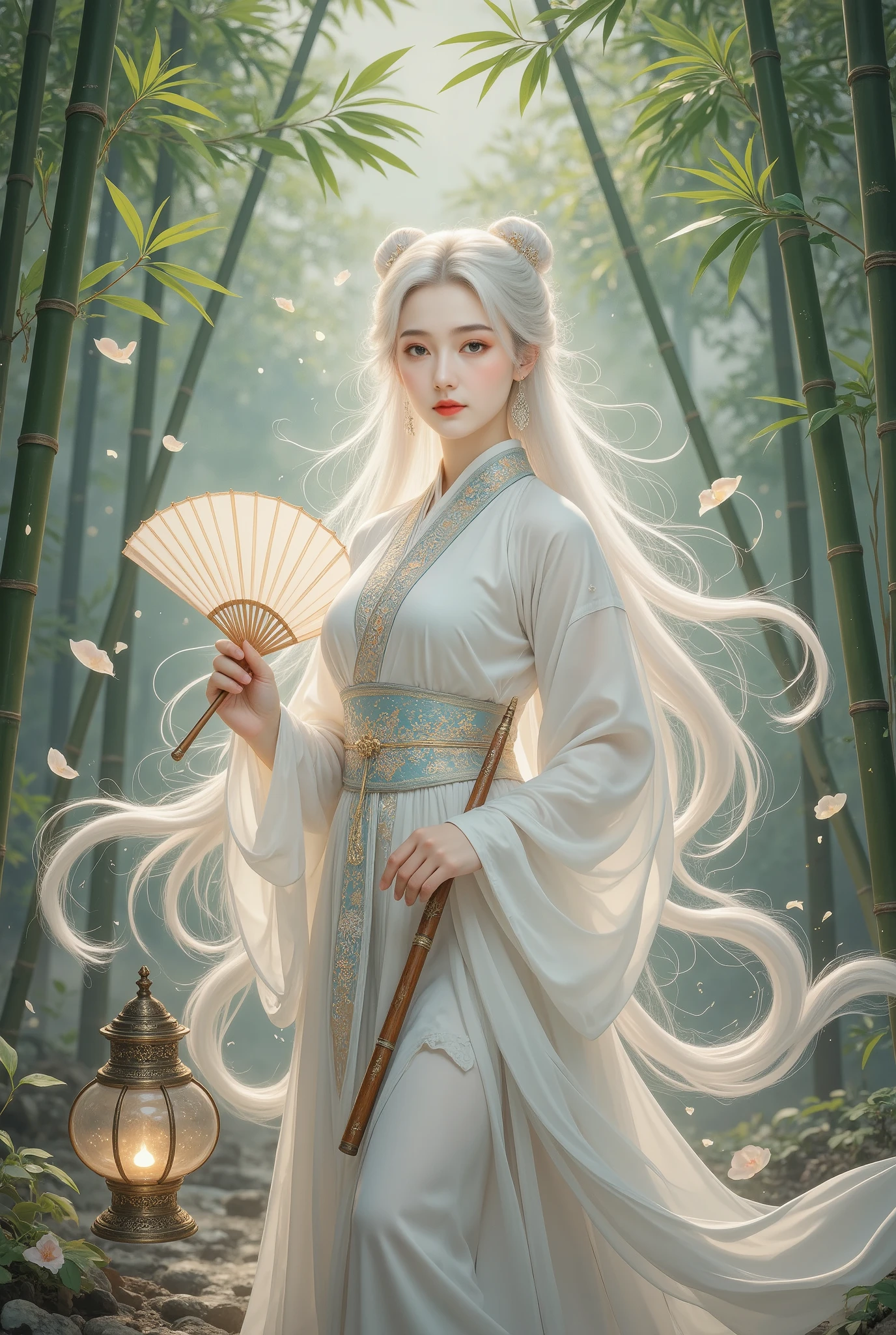 A beautiful girl in a bamboo forest, bamboo leaves falling softly, hazy atmosphere, long white hair, wearing a graceful white hanfu, alluring and elegant, holding a traditional oil-paper umbrella, carrying a lantern, holding a delicate folding fan, playing a bamboo flute, (best quality,4k,8k,highres,masterpiece:1.2),ultra-detailed,(realistic,photorealistic,photo-realistic:1.37),intricate details,cinematic lighting,vibrant colors,delicate brushstrokes,digital painting,fantasy,portrait