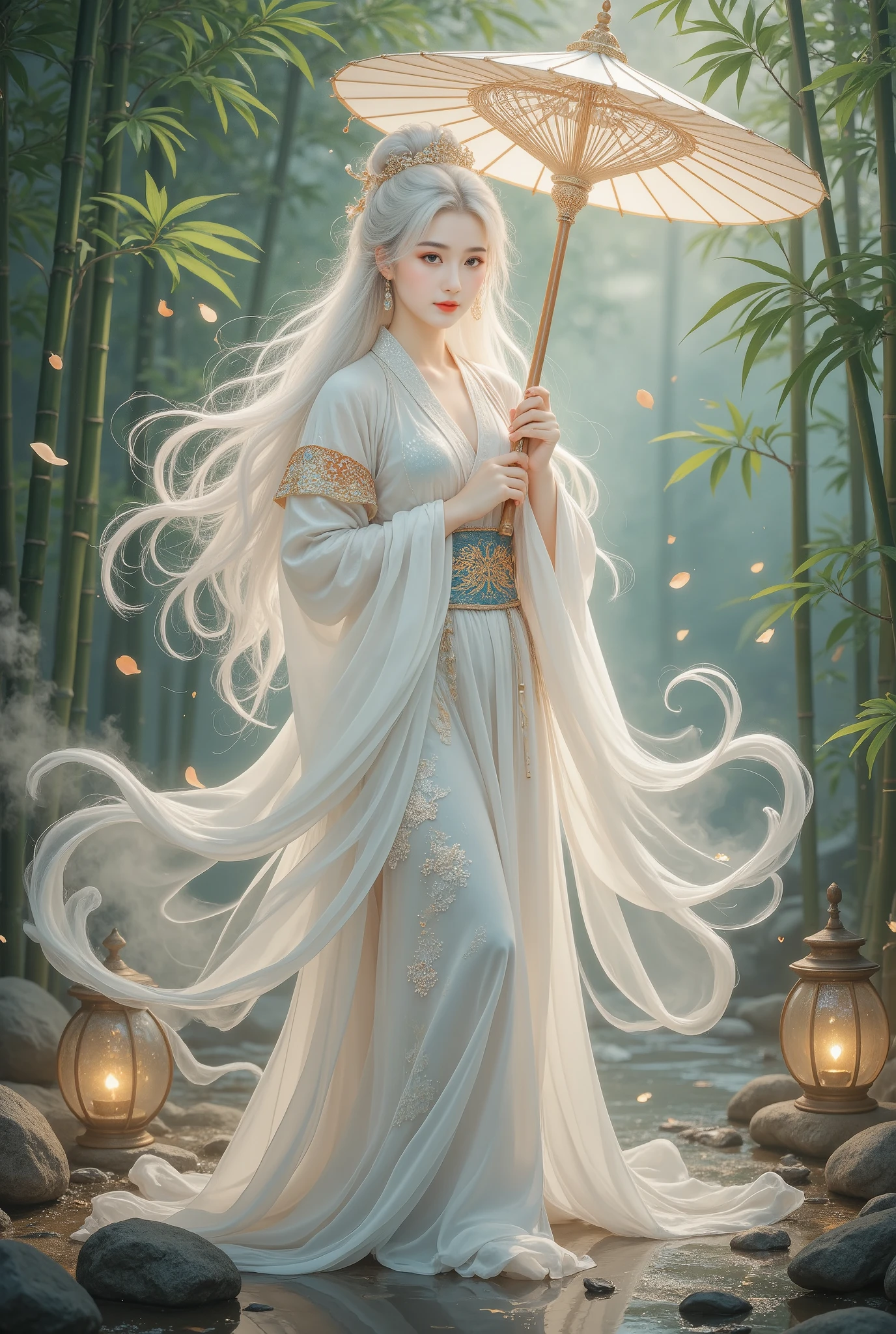 A beautiful girl in a bamboo forest, bamboo leaves falling softly, hazy atmosphere, long white hair, wearing a graceful white hanfu, alluring and elegant, holding a traditional oil-paper umbrella, carrying a lantern, holding a delicate folding fan, playing a bamboo flute, (best quality,4k,8k,highres,masterpiece:1.2),ultra-detailed,(realistic,photorealistic,photo-realistic:1.37),intricate details,cinematic lighting,vibrant colors,delicate brushstrokes,digital painting,fantasy,portrait