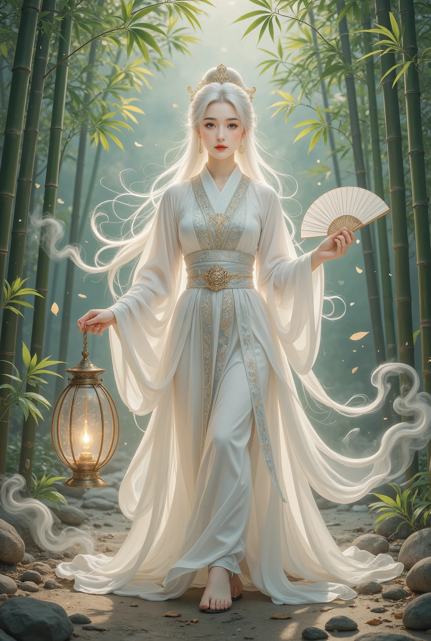 A beautiful girl in a bamboo forest, bamboo leaves falling softly, hazy atmosphere, long white hair, wearing a graceful white hanfu, alluring and elegant, holding a traditional oil-paper umbrella, carrying a lantern, holding a delicate folding fan, playing a bamboo flute, (best quality,4k,8k,highres,masterpiece:1.2),ultra-detailed,(realistic,photorealistic,photo-realistic:1.37),intricate details,cinematic lighting,vibrant colors,delicate brushstrokes,digital painting,fantasy,portrait