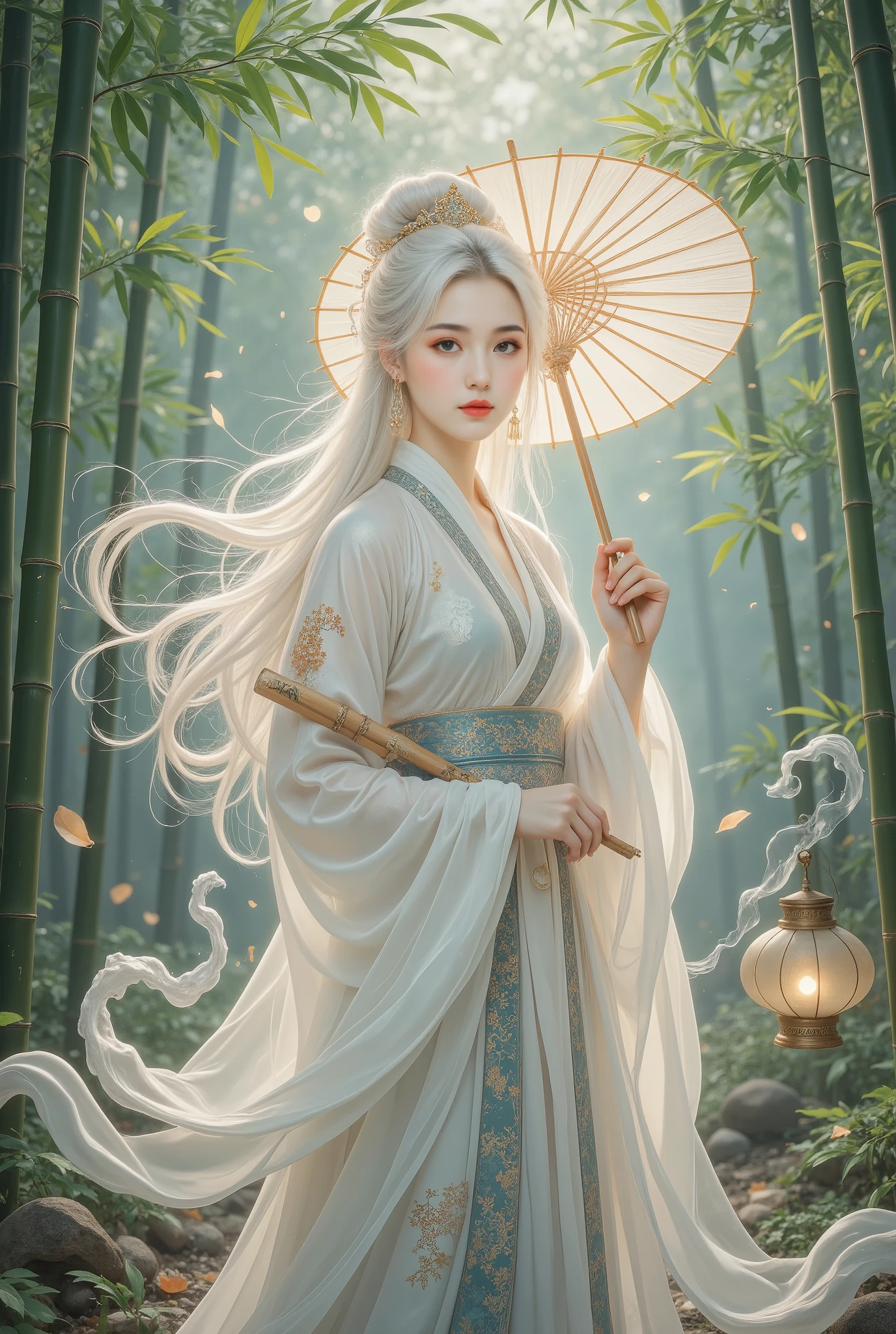 A beautiful girl in a bamboo forest, bamboo leaves falling softly, hazy atmosphere, long white hair, wearing a graceful white hanfu, alluring and elegant, holding a traditional oil-paper umbrella, carrying a lantern, holding a delicate folding fan, playing a bamboo flute, (best quality,4k,8k,highres,masterpiece:1.2),ultra-detailed,(realistic,photorealistic,photo-realistic:1.37),intricate details,cinematic lighting,vibrant colors,delicate brushstrokes,digital painting,fantasy,portrait