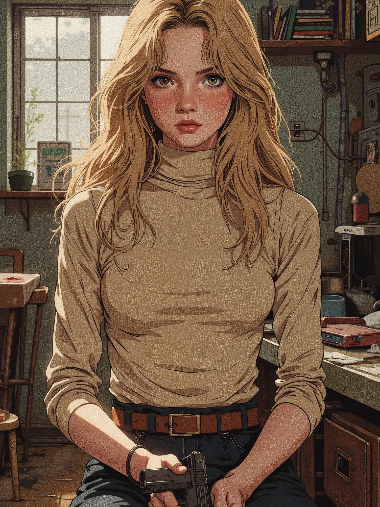 russian girl, about , with blond hair and brown eyes, in a beige turtleneck, he sits at a table and holds a small gun in the background a small window