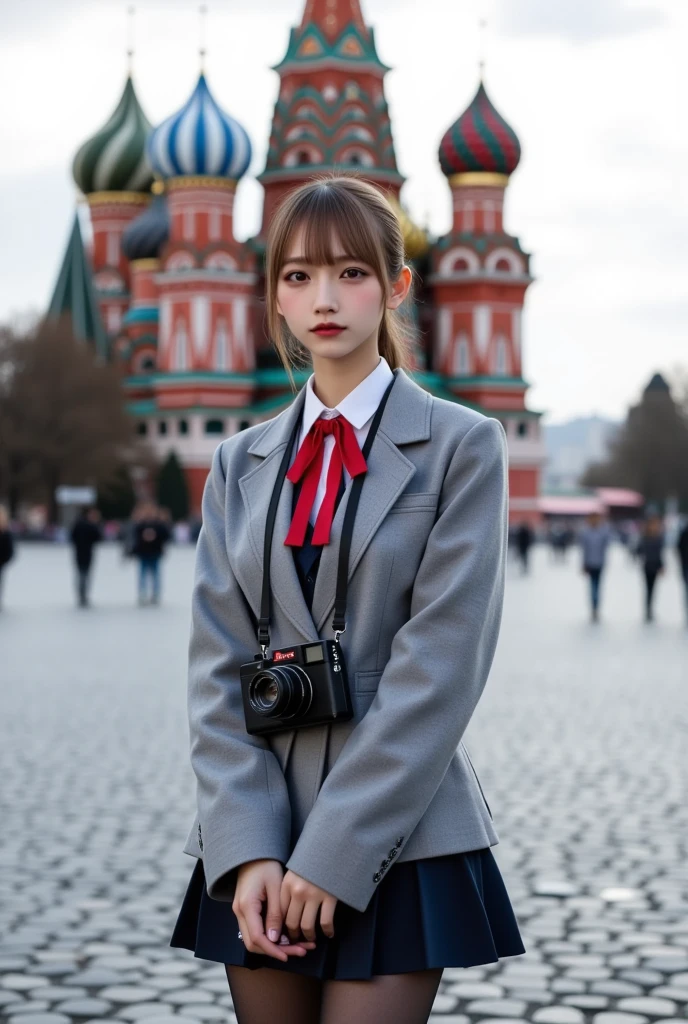 ultra-realistic, photorealistic, dramatic scene, shadow, global-illumination, solo, (age Japanese famous idol girl), very beautiful fragile Japanese girl, very beautiful with very cute but boyish cool face, (very large breasts), slim waist, (wearing a gray colored Japanese high school cute uniform of white shirt with blazer and skirt), (red ribbon), (She is wearing dark navy tights), (very large breasts), wearing loafers, a girl is standing with a Leica M3 hanging around her neck, in the red square in Moscow, amazing view of St. Basil's Cathedral over the vast cobblestone pavement