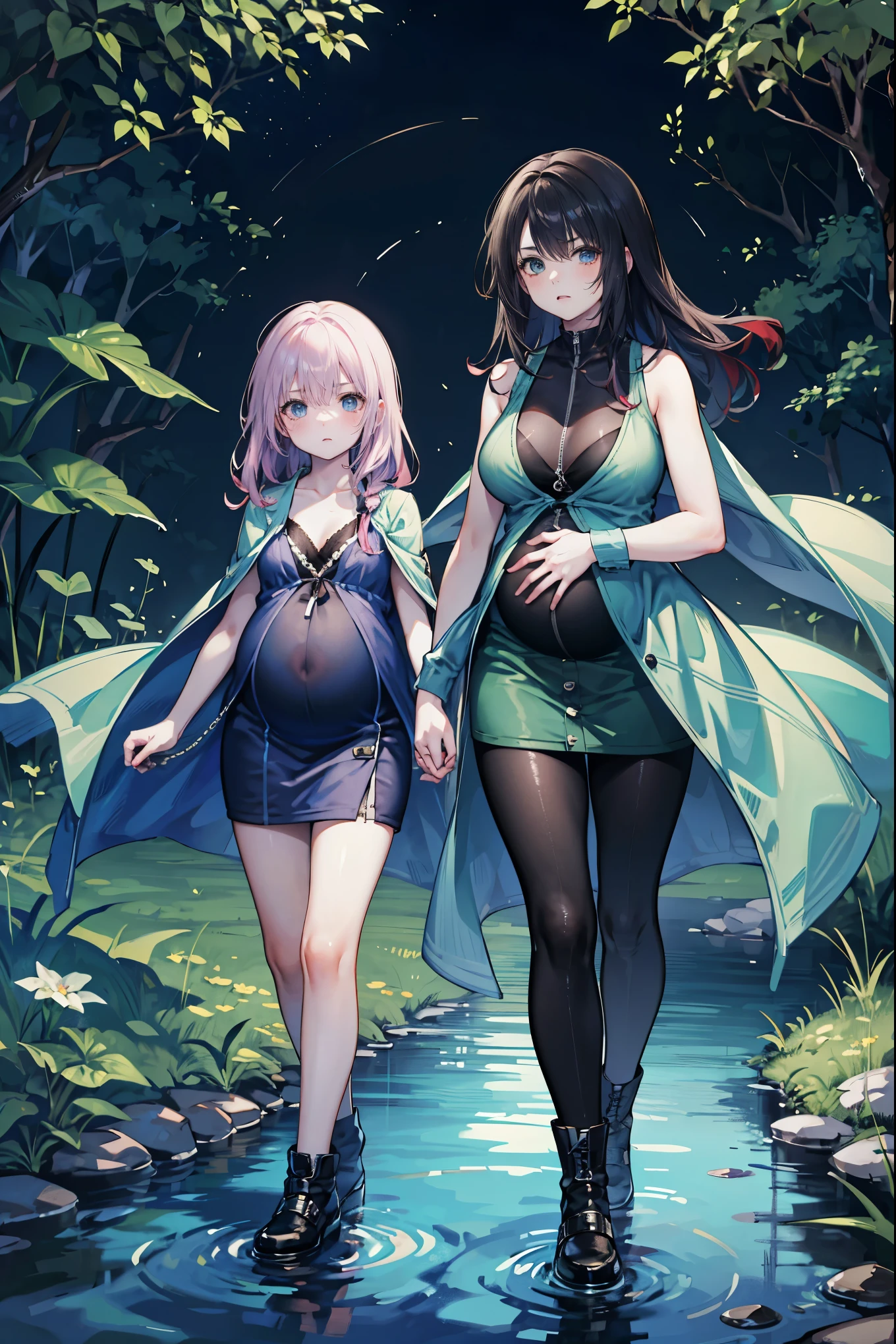 High Resolution, High Quality, High Detail, forest river, night, rinoa and daughter, lavender hair, red hair, black hair, indigo hair, blue eyes, medium breasts, grey cloak, green coat, blue vest, cyan vest, black bra, violet camisole, blue skirt, black shorts, green skirt, black leggings, black cuff boots, sandals, black hiking boots, belt, pregnant, huge belly, looking at viewer, walking in water, angry expression