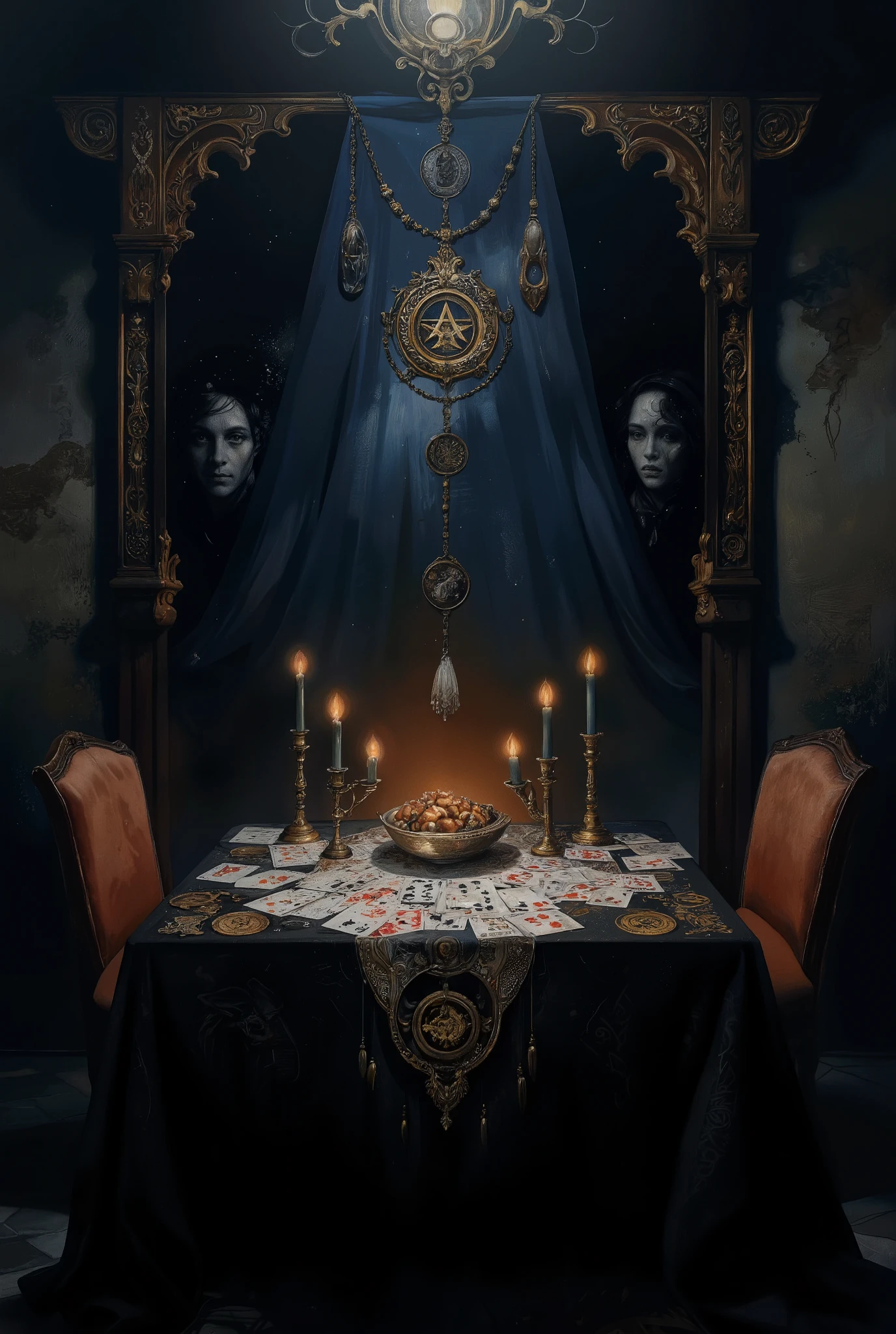 witch,  magini customer desk,  mystical atmosphere ,  in a cinematic style ,  modern decor ,  playing cards , witch symbol , candles, symbols on the tablecloth , magic energy in the air , two chairs and a table ,  maximum detail , 8k