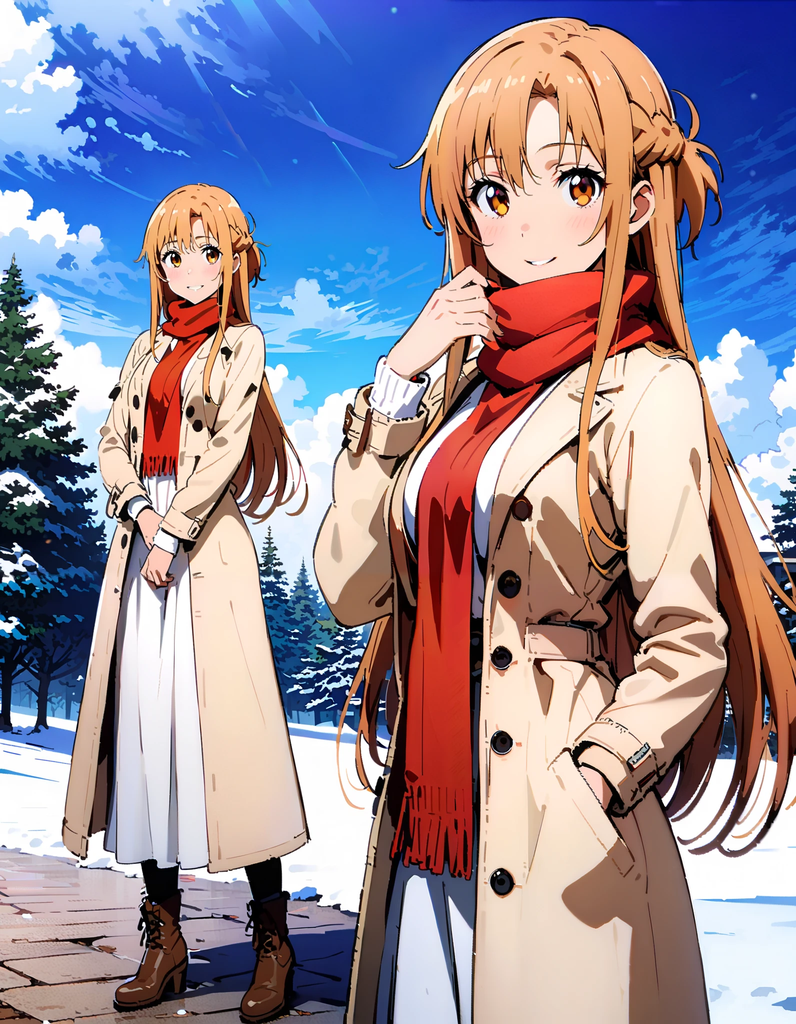Asuna Yuki , bangs,Alone,  braided, Hair,  brown eyes,single  braided,Medium breast,smile,blush, open their mouths, red scarf,White Down Coat , ( sweater :1.2),( turtleneck:1.2), long skirt ,  boots, standing,snow,whole bodyがイラストに入るように, break looking at viewer,whole body, break outdoors, Around town, break ( Masterpiece:1.2), top quality , kampala,unity 8k wallpaper,(shape:0.8),(  fine, beautiful eyes  :1.6),It's a person ,whole body写真,CG Details , ( perfect hand, complete anatomy),