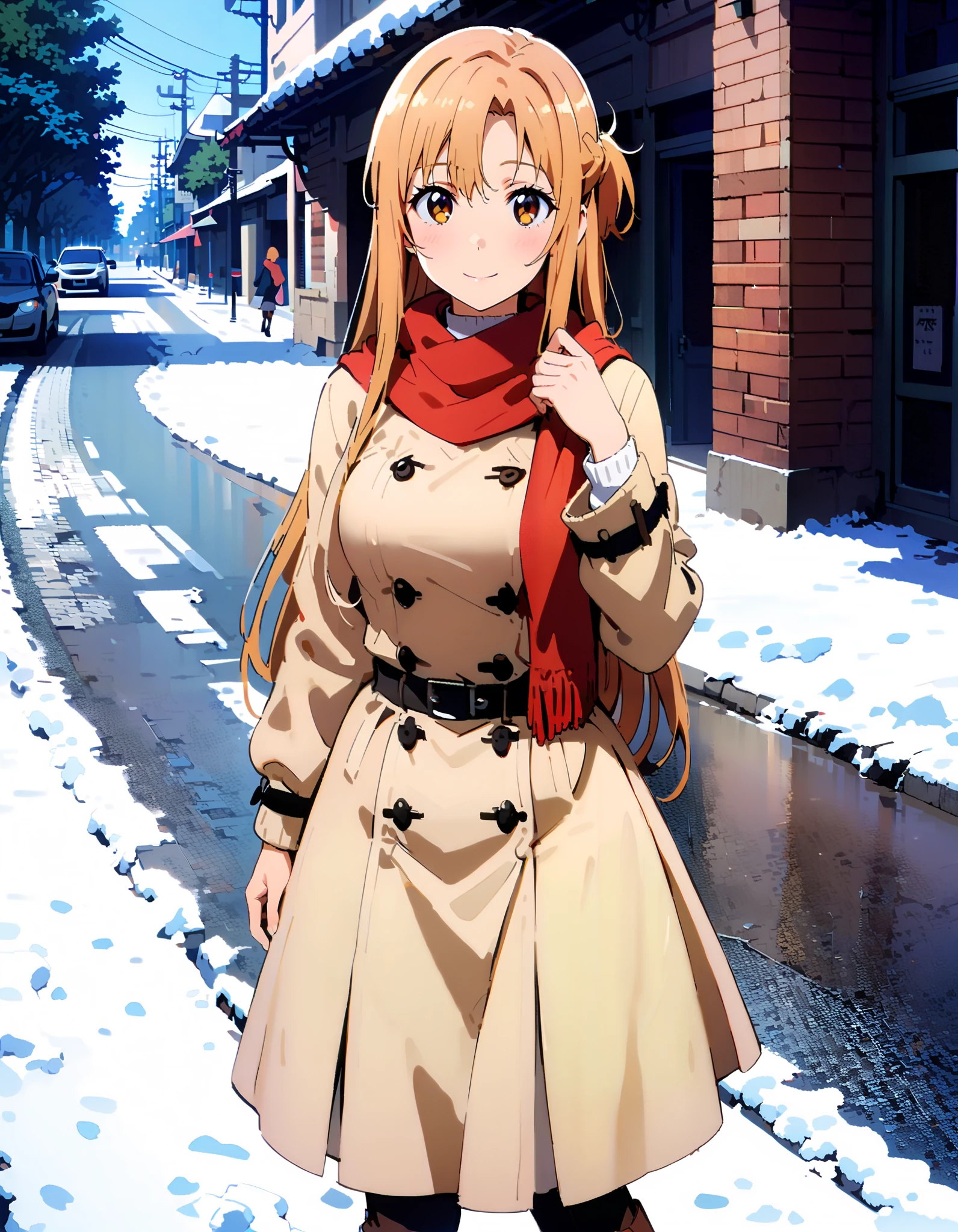 Asuna Yuki , bangs,Alone,  braided, Hair,  brown eyes,single  braided,Medium breast,smile,blush, open their mouths, red scarf,White Down Coat , ( sweater :1.2),( turtleneck:1.2), long skirt ,  boots, standing,snow,whole bodyがイラストに入るように, break looking at viewer,whole body, break outdoors, Around town, break ( Masterpiece:1.2), top quality , kampala,unity 8k wallpaper,(shape:0.8),(  fine, beautiful eyes  :1.6),It's a person ,whole body写真,CG Details , ( perfect hand, complete anatomy),