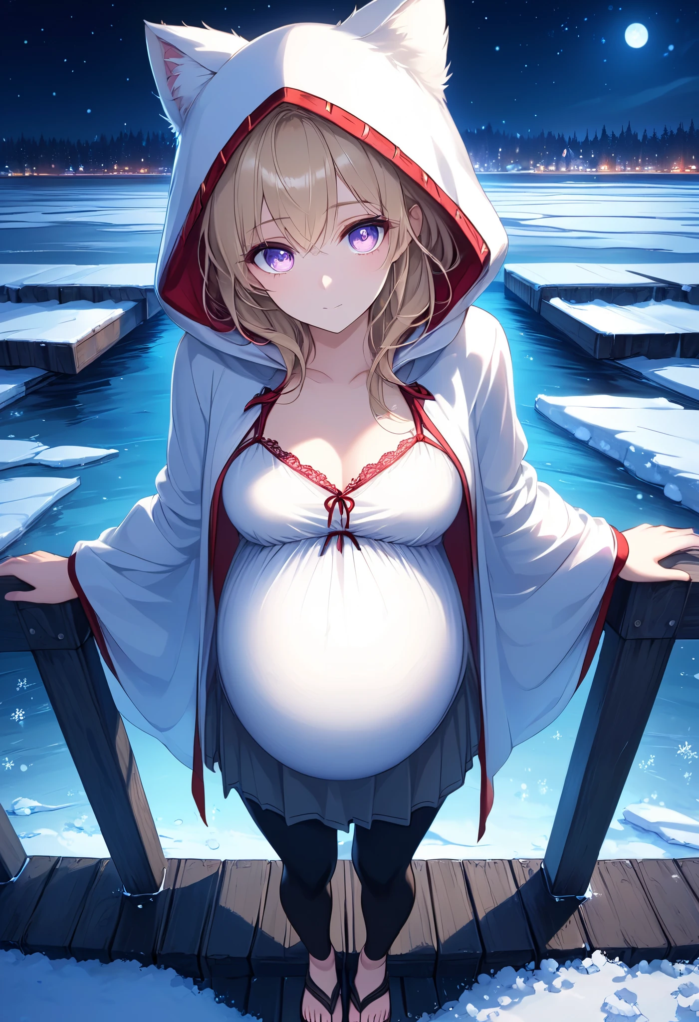 High Resolution, High Quality, High Detail, frozen dock, night, 1girl, blonde hair, violet eyes, medium breasts, white cat hood, white cloak, white camisole with red trim, grey skirt, black leggings, sandals, looking at viewer, arms behind back, pregnant, reaching for viewer, leaning towards viewer, side profile