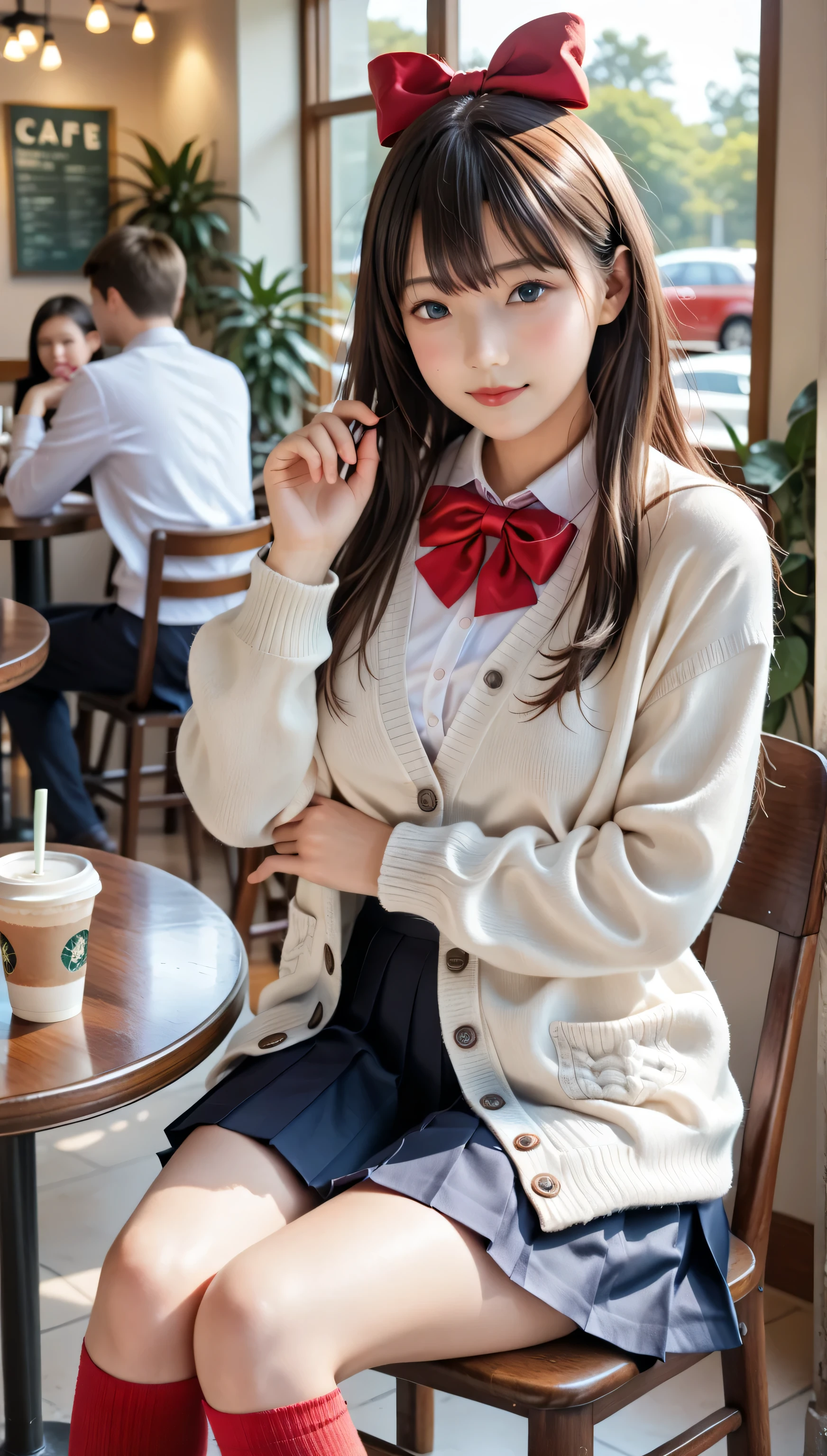 score_9, score_8_up, score_7_up, masterpiece, 8k, highres, best quality, cinematic lighting, 8k Ultra HD, Takarada Rikka, ((((1girl)))), ((((solo)))), ((((perfect lighting)))), ((((20 years old)))), ((((20 year old)))), ((((20 yo)))), ((((facing viewer)))), (((masterpiece, best quality))), ((((best quality, photo-realistic)))), (((((realistic:1.4))))), (((((photorealistic))))), (((((portrait))))), (((((highly detailed background))))), ((((indoors)))), ((((cafe)))), blurry background, high quality, (((((black hair))))), blue eyes, (((((long hair))))), orange scrunchie, scrunchie, wrist scrunchie, black footwear, ((((black pleated skirt)))), ((((red bow)))), red bowtie, ((((buttons)))), thighs, ((((white cardigan)))), white shirt, collared shirt, ((((long sleeves)))), ((((tight mini skirt)))), ((((red socks)))), school uniform, dynamic angle, dutch angle, cowboy shot, ((((perfect fingers)))), (((((depth of field))))), Detailed face, ((((sharp focus)))), perfect hands, love, appreciate, looking at viewer, beautiful breasts, beautiful ass, shiny skin, cute face, beautiful face, ((pretty)), Beautiful eyes, (((sensual vibe))), ((((feeling pleasure)))), (((((sexy pose))))), (((((seductive pose)))), ((((perfect body)))), young Japanese woman, (((Big Breasts))), ((((coffee cup)))), ((((holding a coffee cup)))), barista, (((((sitting in chair))))), (((((sitting down:1.4))))), sunlight through window, arm bent, ((((leg extended)))), ((((hand on chest)))), (((((table))))), food, ((((arms rest)))), ((((leaning head on table)))),