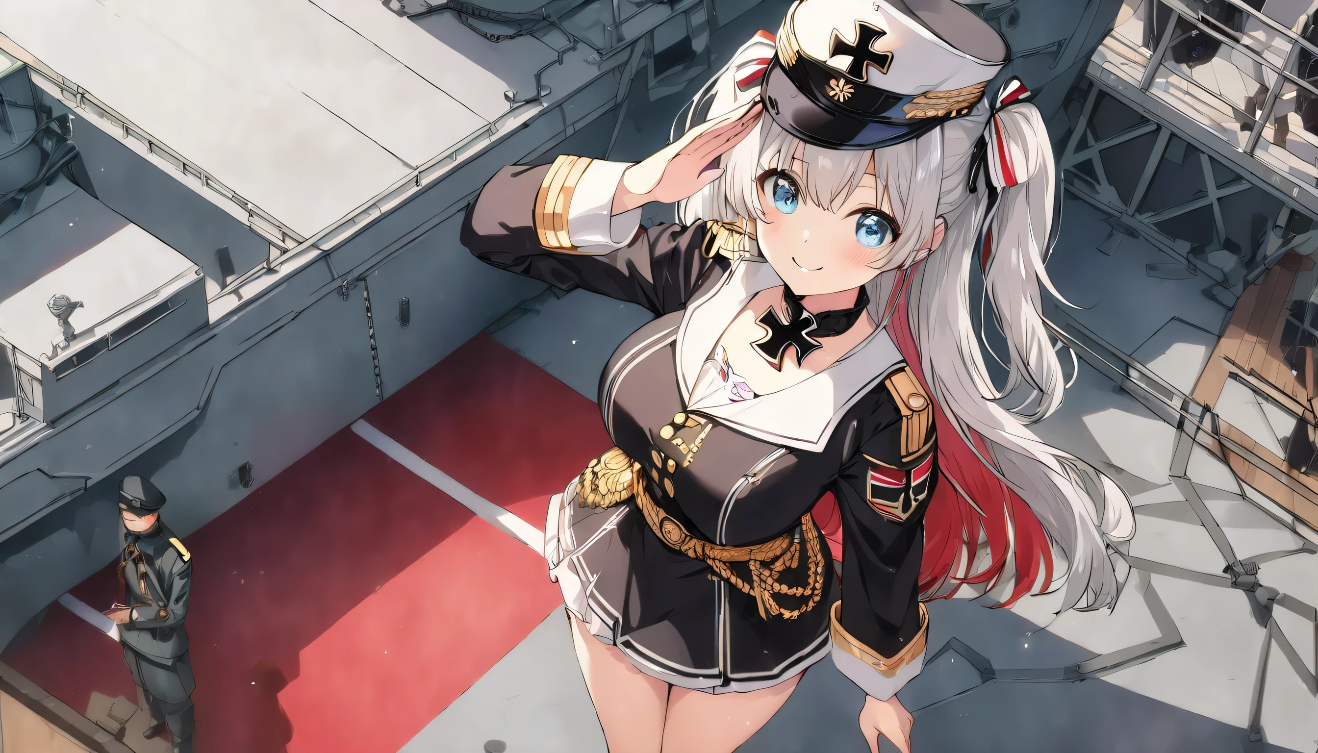 ((ultra-detailed)), (highly detailed CG illustration), (best quality:1.2), ultra-highly detailed, colorful composition, artistic photoshoot, 1girl, solo focus,  ((thigh to top:1.4)), ((cowboy shot:1.4)), moe anime character,  girl, dainty facial structure, (bab(round face), ((rounded chin:1.2)), ((ideal ratio body proportions)), celia-default, celia claire, (blue eyes), sparkle eyes, ((silver hair color)), two side up, ((red hair ribbon)), ample breasts, ((German Navy military black uniform during World War II)), ((German Navy military black captain visor cap with gold decoration during World War II)), ((Iron Cross on neck with red, black and white tricolor stripes ribbon:1.4)), ((gold aiguillette)), ((salute with right hand:1.4)), ((standing on a warship:1.4)), beautiful detailed sky, best quality, masterpiece, angle from above, expecting, pink cheek, blush, light pink gloss slip, portrait, depth of field, soft lighting, sidelighting, (shine), lighting, caustics, ray tracing, ((fearless smile)), perfect face, lustrous skin, highly  detailed face, highly detailed eyes, perfect face, perfect nose, perfect hair, perfect eyes, perfect anatomy, beautiful hair, beautiful small face, extremely detailed face, beautiful detailed eyes, beautiful clavicle, beautiful body, beautiful huge breasts, leavage, breasts squeezed together, equalize the size of the left and right breasts, beautiful thin thighs,  beautiful legs, beautiful fingers, 4 fingers, 1 thumb, lovely, (very detailed background:1.0), (highly detailed background:1.0), spring aesthetic, intricate details, Tight atmosphere, spring colors palette, chromatic aberration