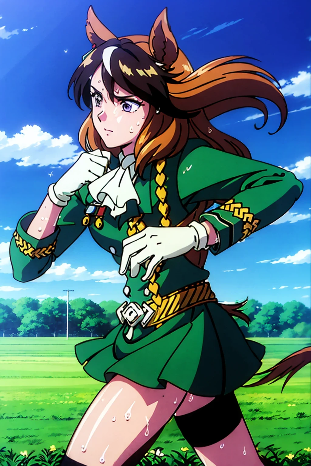 masterpiece,highest quality,Super detailed,8k,High resolution,an extremely delicate and beautiful,Official Art,Perfect Anatomy,(solo:1.5),
Contrasting colors,octane rendering,Fully painted,anime coloring,anime screencap,Cel-shaded anime,retro artstyle,1990s \(style\),90s anime,90s anime style,
perfect face,ultradeTailed eyes,beautiful,sexy,supermodel,athletic body,shiny skin,Dramatic light,(scale to fit the dimensions:1.2),
((hmsymbo:1.52)),1girl,animal ears,streaked hair,horse tail,white gloves,black thighhighs,white ascot,red cape,single epaulette,long sleeves,green jacket,frills,medal,jewelry,green skirt,buttons,
(Running:1.11),((field,grass, running, sweat:1.37)),