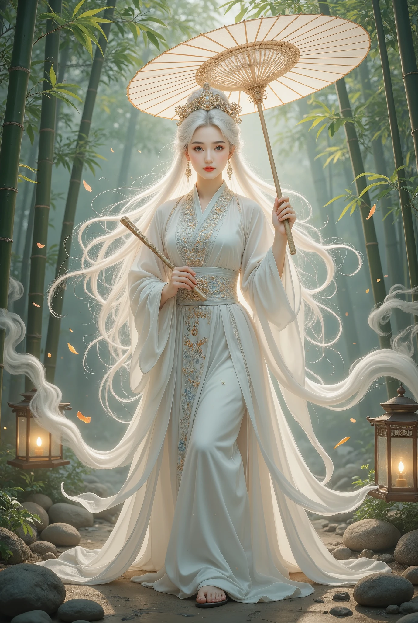 A beautiful girl in a bamboo forest, bamboo leaves falling softly, hazy atmosphere, long white hair, wearing a graceful white hanfu, alluring and elegant, holding a traditional oil-paper umbrella, carrying a lantern, holding a delicate folding fan, playing a bamboo flute, (best quality,4k,8k,highres,masterpiece:1.2),ultra-detailed,(realistic,photorealistic,photo-realistic:1.37),intricate details,cinematic lighting,vibrant colors,delicate brushstrokes,digital painting,fantasy,portrait