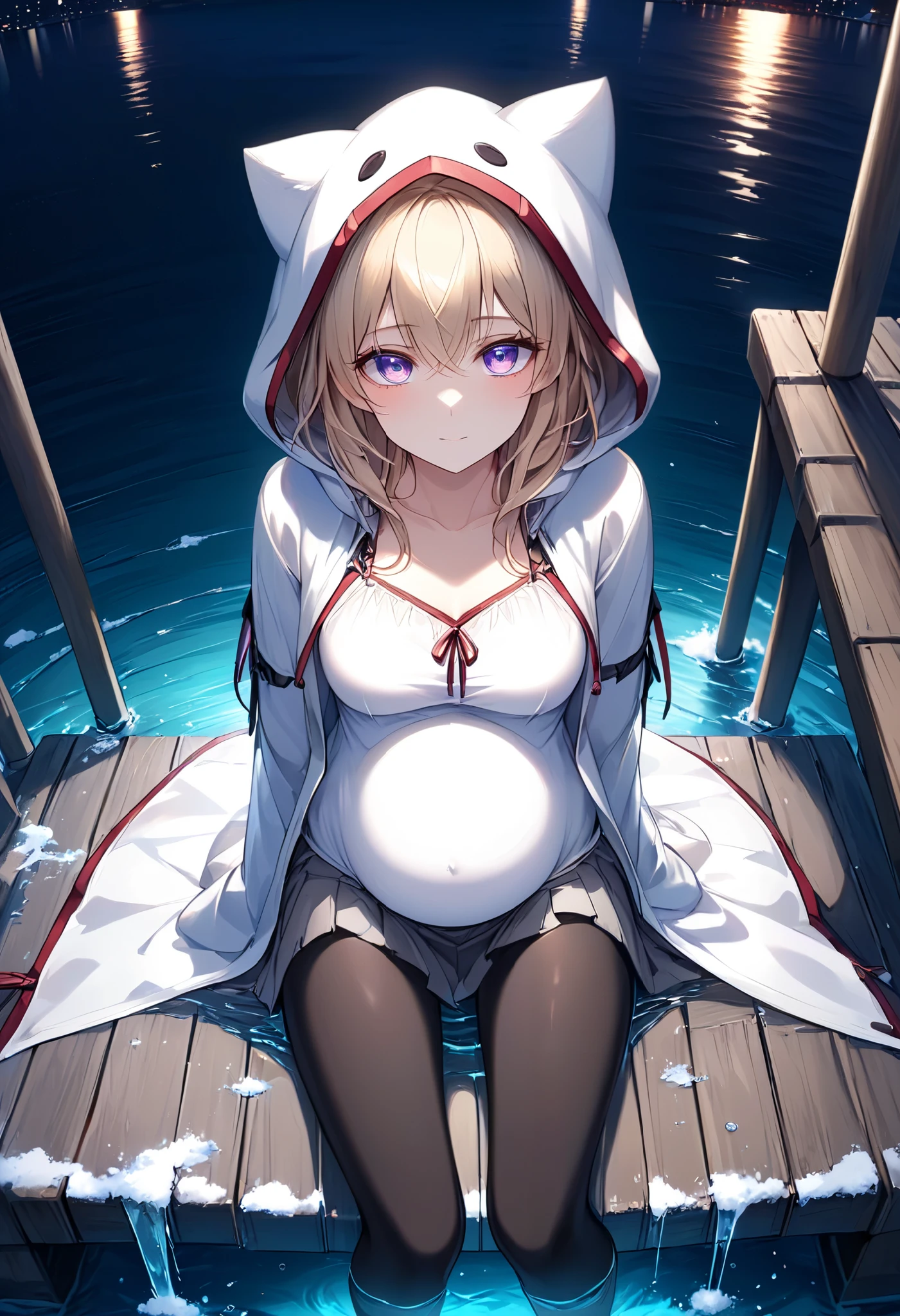 High Resolution, High Quality, High Detail, frozen dock, night, 1girl, blonde hair, violet eyes, medium breasts, white cat hood, white cloak, white camisole with red trim, grey skirt, black leggings, sandals, looking at viewer, arms behind back, reaching for viewer, sitting on dock, leaning towards viewer, feet in water, bloated abdomen