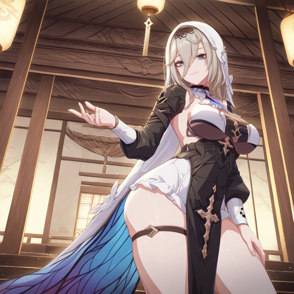 ((queen woman)),((with penis,large penis,soft penis)),cloak on back,with crown,((medium breasts, bare breasts,((white hair with ponytail, red eyes)),((standing, in a haunted castle, at night)) ,