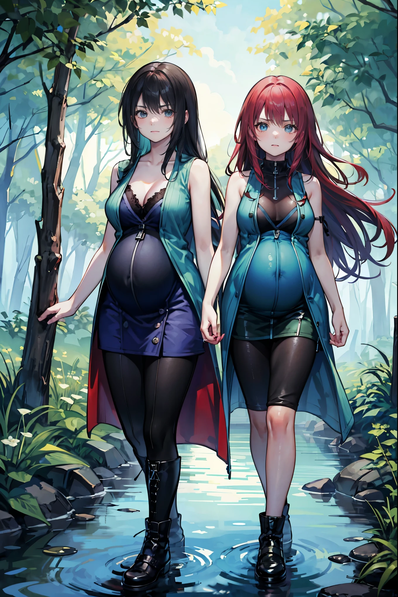 High Resolution, High Quality, High Detail, forest river, night, rinoa and daughter, lavender hair, red hair, black hair, indigo hair, blue eyes, medium breasts, grey cloak, green coat, blue vest, cyan vest, black bra, violet camisole, blue skirt, black shorts, green skirt, black leggings, black cuff boots, sandals, black hiking boots, belt, pregnant, huge belly, looking at viewer, walking in water, angry expression