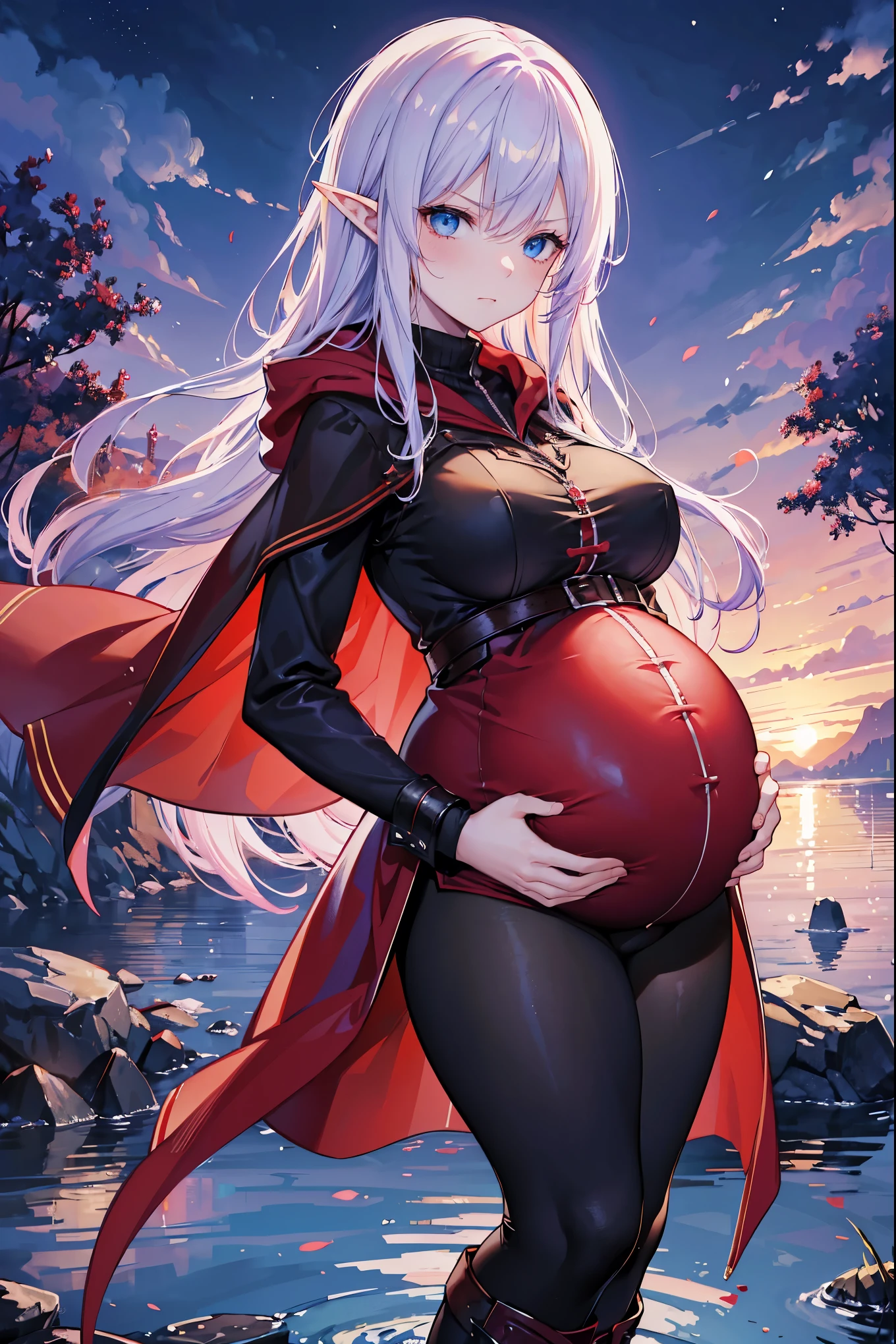 High Resolution, High Details, River scene, night, 1girl, lavender hair, blue eyes, medium breasts, half elf ears, red cloak, red vest, black shirt, black leggings, black cuff boots, looking at viewer, annoyed expression, ((pregnant)), (huge belly), standing in water, red sword, prepared to strike