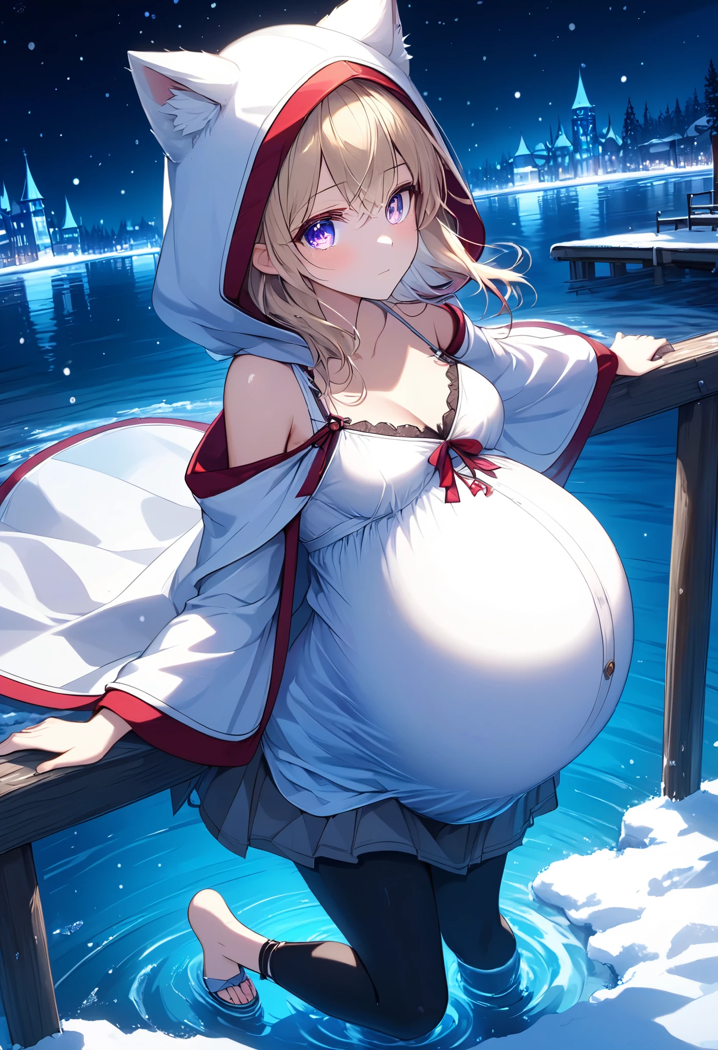 High Resolution, High Quality, High Detail, frozen dock, night, 1girl, blonde hair, violet eyes, medium breasts, white cat hood, white cloak, white camisole with red trim, grey skirt, black leggings, sandals, looking at viewer, arms behind back, pregnant, reaching for viewer, leaning towards viewer, side profile, feet in water, zoom in on face