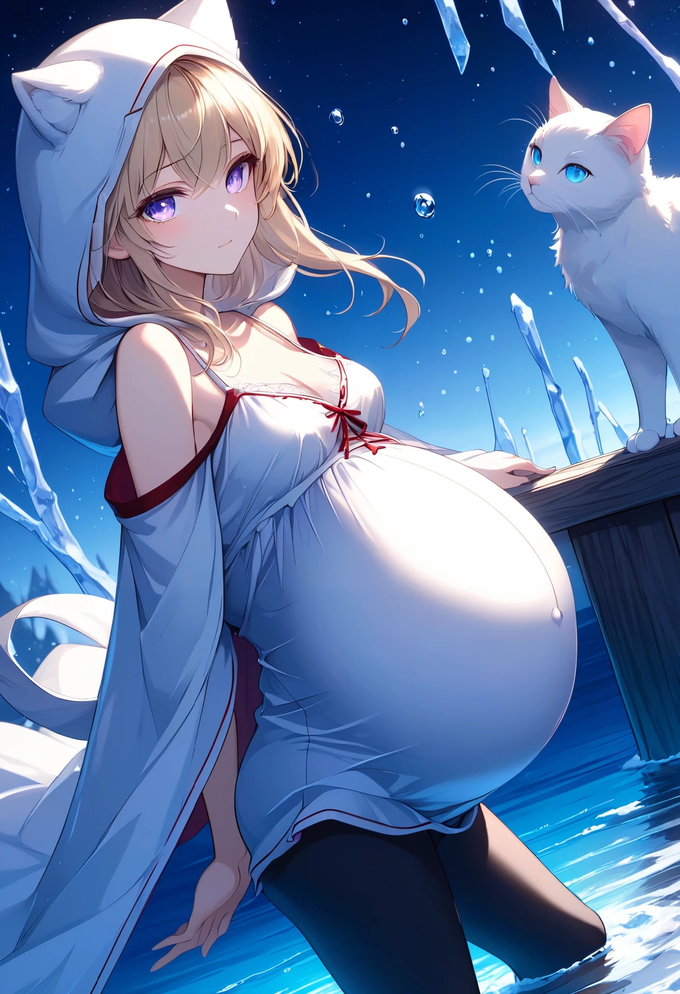 High Resolution, High Quality, High Detail, frozen dock, night, 1girl, blonde hair, violet eyes, medium breasts, white cat hood, white cloak, white camisole with red trim, grey skirt, black leggings, sandals, looking at viewer, arms behind back, pregnant, reaching for viewer, leaning towards viewer, side profile, feet in water, zoom in