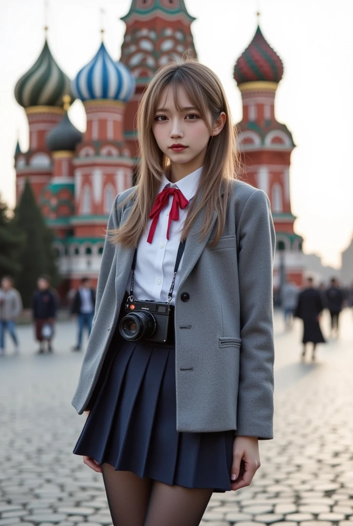 ultra-realistic, photorealistic, dramatic scene, shadow, global-illumination, solo, (age Japanese famous idol girl), very beautiful fragile Japanese girl, very beautiful with very cute but boyish cool face, (very large breasts), slim waist, (wearing a gray colored Japanese high school cute uniform of white shirt with blazer and skirt), (red ribbon), (She is wearing dark navy tights), (very large breasts), wearing loafers, a girl is standing with a Leica M3 hanging around her neck, in the red square in Moscow, amazing view of St. Basil's Cathedral over the vast cobblestone pavement