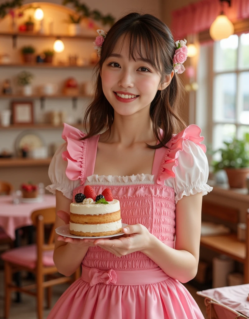(masterpiece, highest quality:1.2), One girl, woman, 23 years old、 cute、(cuteメイド服を着ている), (Pink gingham check maid outfit:1.5)) Idol Style、smile、(おしゃれでcute喫茶店内:1.4)、whole body、(He brought me a tray of chocolate mint juice..;1.4)、summer、hot、White underwear