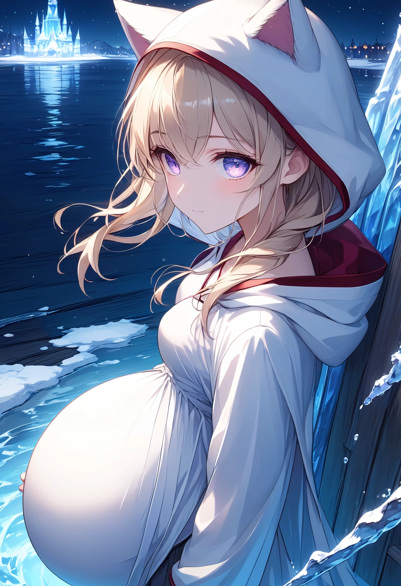 High Resolution, High Quality, High Detail, frozen dock, night, 1girl, blonde hair, violet eyes, medium breasts, white cat hood, white cloak, white camisole with red trim, grey skirt, black leggings, sandals, looking at viewer, arms behind back, pregnant, reaching for viewer, leaning towards viewer, side profile, feet in water, close up