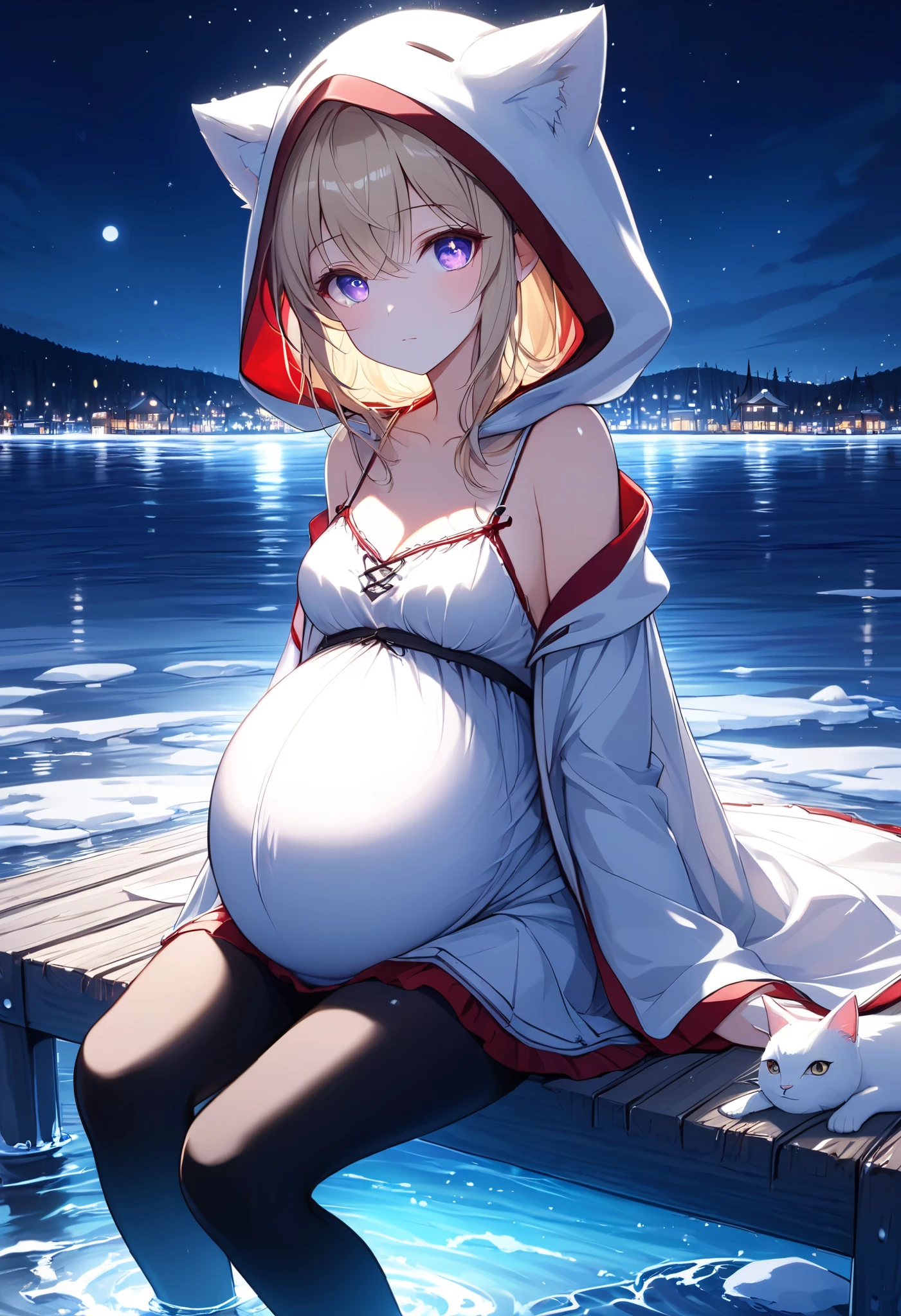 High Resolution, High Quality, High Detail, frozen dock, night, 1girl, blonde hair, violet eyes, medium breasts, white cat hood, white cloak, white camisole with red trim, grey skirt, black leggings, sandals, looking at viewer, arms behind back, pregnant, reaching for viewer, leaning towards viewer, side profile, feet in water, zoom in, sitting on dock