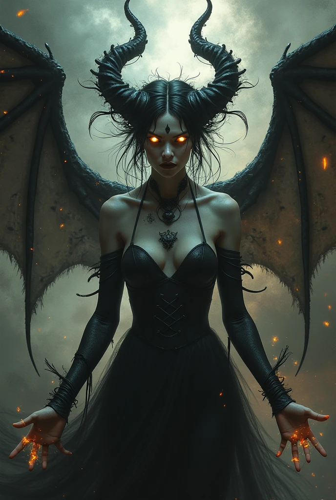 In a dimly lit, ancient temple with gothic architecture, a sexy demoness stands confidently. She has long, flowing dark hair and wears a high-exposure black gown adorned with spikes and chains. Her eyes glow with a mysterious light, and she has dark wings partially spread behind her. The background features flickering flames and shadowy figures, creating an atmosphere of mystery and danger. Her pose is powerful, with one hand reaching out as if casting a spell. Aim for realistic depiction, make sure photos are at highest resolution (8K)