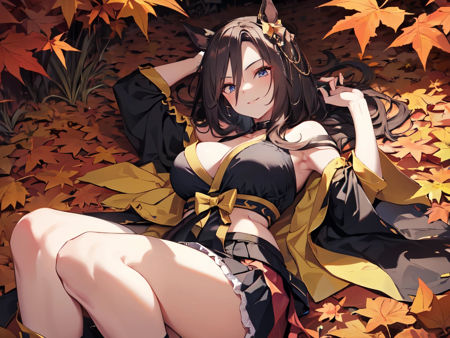 (Solo, 1 girl). (Anatomically correct, UHD, Retina, Masterpiece, Ultra detailed, High detail, Best quality, Award winning, High resolution, 8k). (Focus on breasts). (Big breasted girl with horse ears, makeup). ((Lying on autumn leaves)). (Long black hair). ((Shoulders visible, Kunoichi ninja costume, miniskirt)). Only the face is turned to the side, only the eyes are looking at the camera. Mouth open, seductive smile.