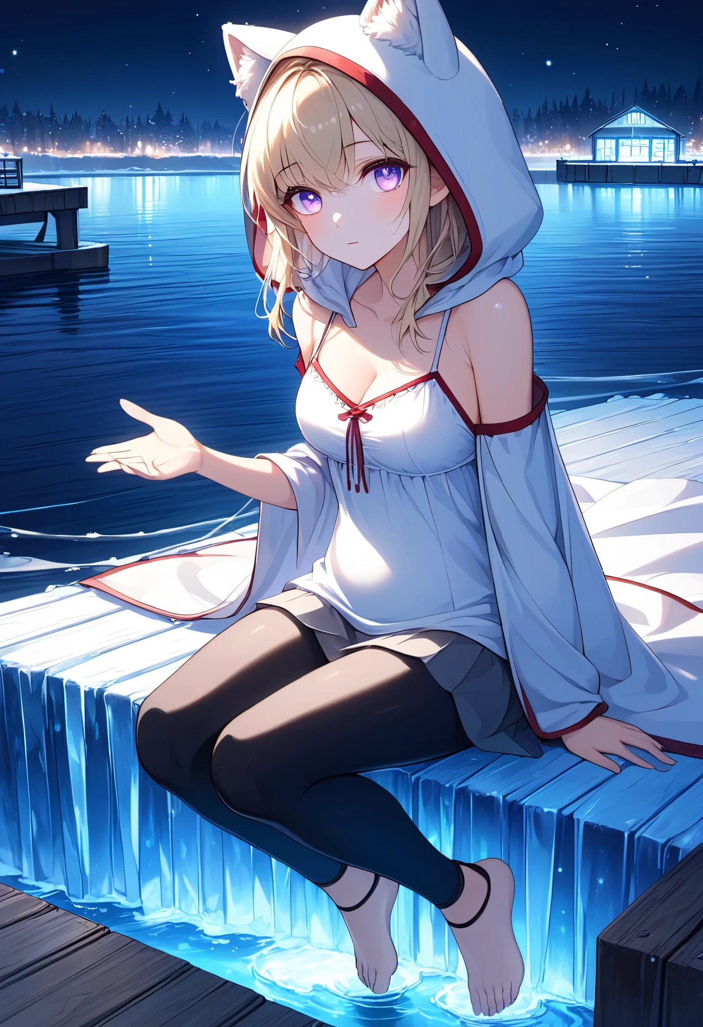 High Resolution, High Quality, High Detail, frozen dock, night, 1girl, blonde hair, violet eyes, medium breasts, white cat hood, white cloak, white camisole with red trim, grey skirt, black leggings, sandals, looking at viewer, arms behind back, reaching for viewer, side profile, feet in water, zoom in, sitting on dock
