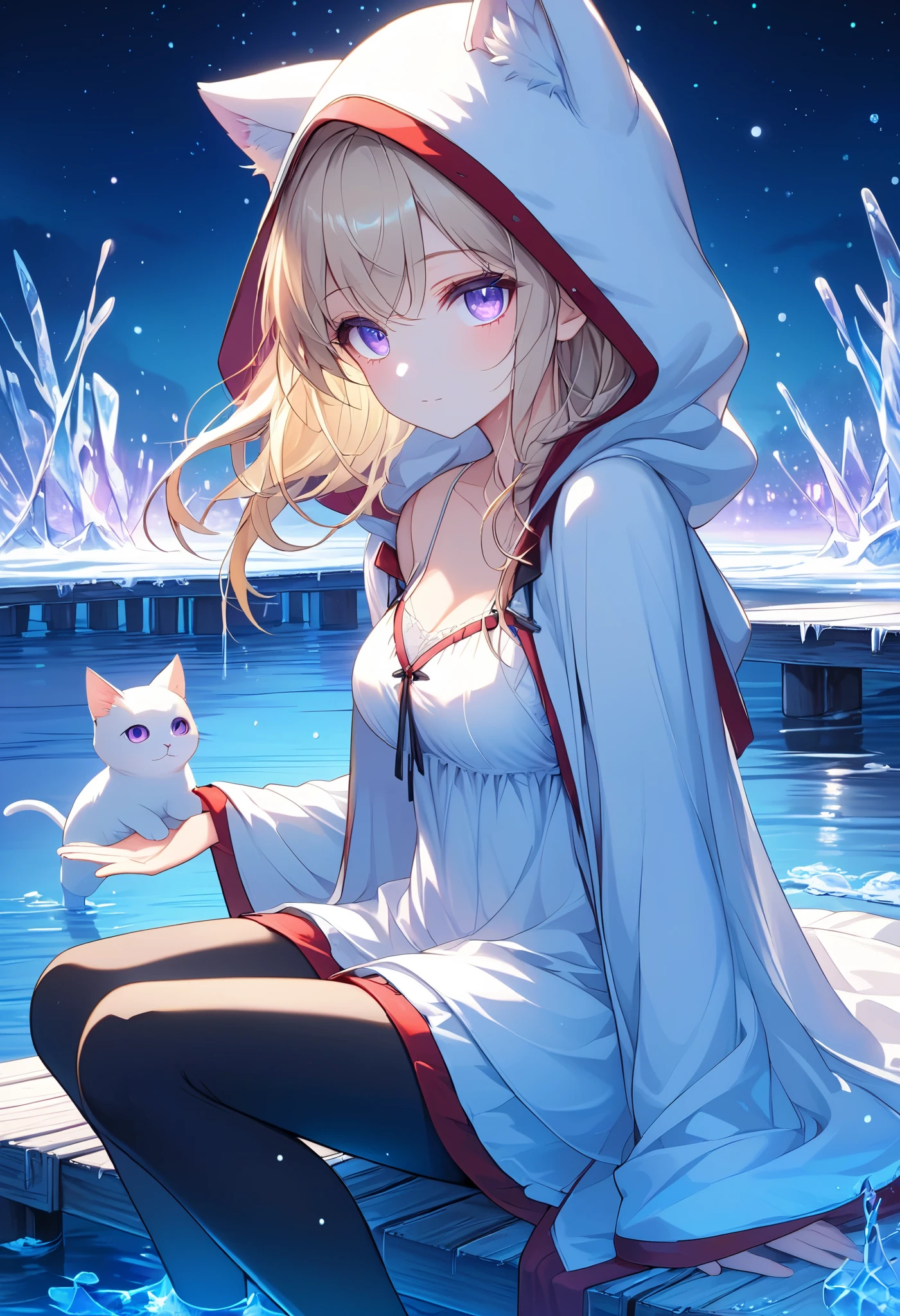 High Resolution, High Quality, High Detail, frozen dock, night, 1girl, blonde hair, violet eyes, medium breasts, white cat hood, white cloak, white camisole with red trim, grey skirt, black leggings, sandals, looking at viewer, arms behind back, reaching for viewer, side profile, feet in water, zoom in, sitting on dock