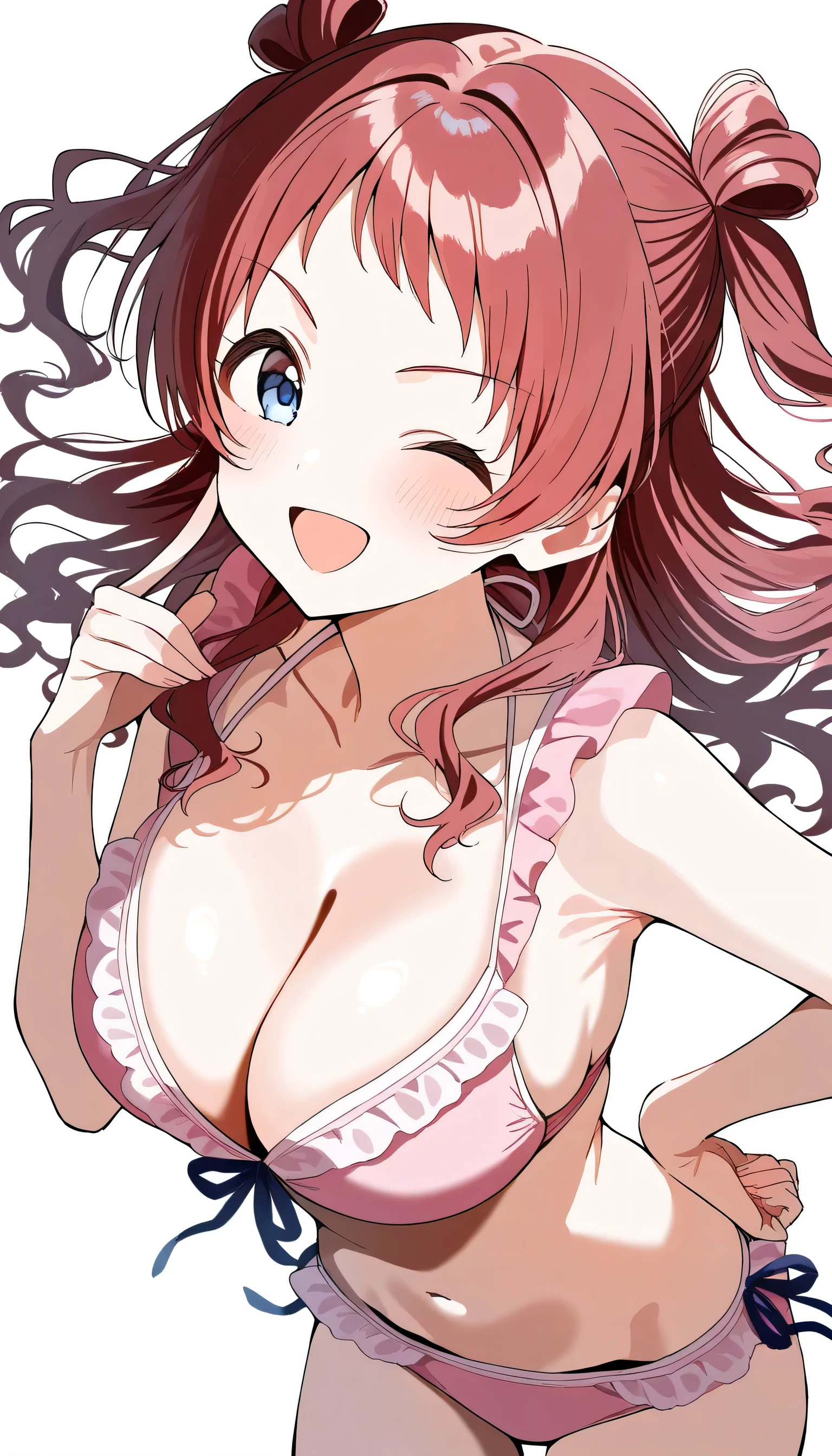 1girl, hanami saki,gakuen idolmaster,, , , blue eyes, blush, floating hair, ,break,two side up,floating hair, long hair, big breasts, red hair, break,break,break , , solo, , masterpiece, best quality, good quality, newest,break,,, ,break,cheek,break,,blush, ,white background,,pink bikini,smile,happy,hand on own hip,:d,looking view,one eye closed