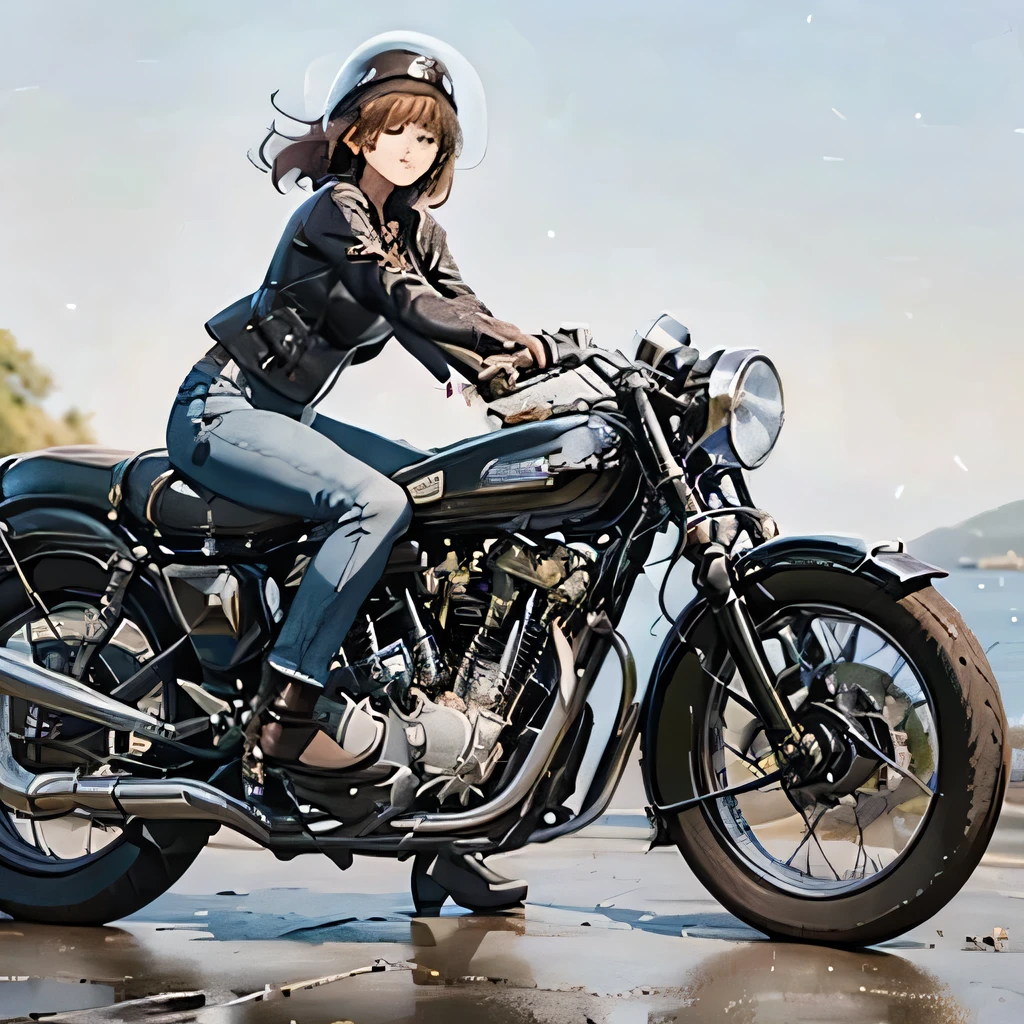 Bluff Superior SS100、(クラシックRiding on motorcycle )、(Vintage Bikes、Bluff Superior SS100)、Isle of Man Races、 (Riding on motorcycle:1.2), Beautiful young woman、18-year-old、Beautiful Face, Beautiful delicate eyes, Black Hair, Short Bob Hair, Classic Leather Jacket、Cromwell helmet with goggles、After the Rain、English countryside、 Detailed Description、(Highest quality, masterpiece, High resolution)、8k、wallpaper