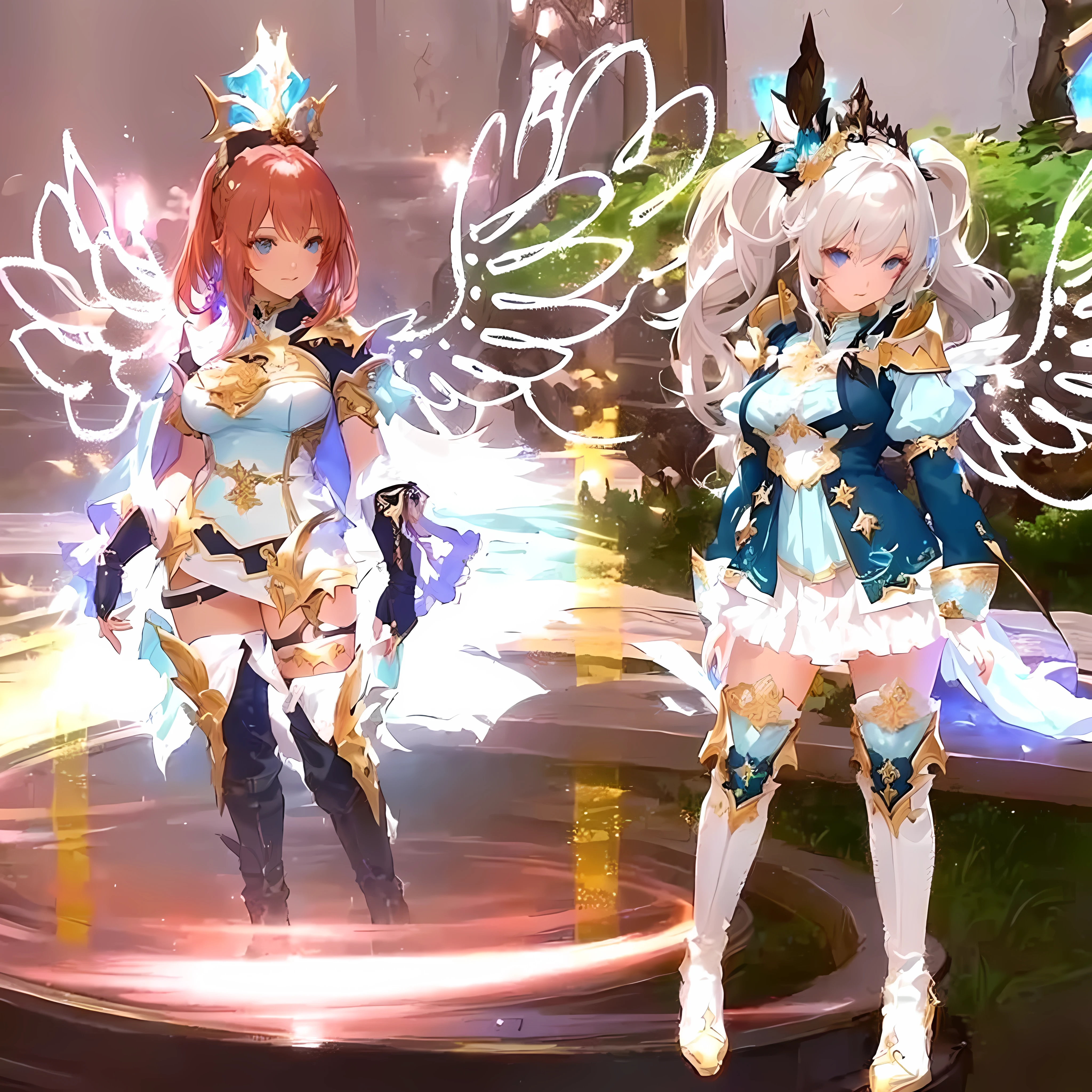 Dos chicas de anime con alas de pie una al lado de la otra, angel knight girl, vocaloid, Ilustraciones oficiales, 2 d cg, With angelic theme, epic angel wings, Del videojuego Azure Lane, Personajes de Azure Lane, pixiv 3dcg, 2 angels, estandarte, MMORPG, angelical, Estilo Azur Lane, Intrincado estilo CGI de anime adornado, hololive