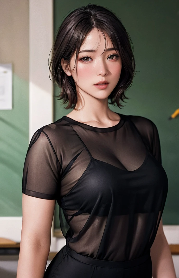 ``a girl (25yrs) black shirt is posing for a picture ,(black choppy hair), photorealism, computer graphics, Artgerm, digital art --auto --s2