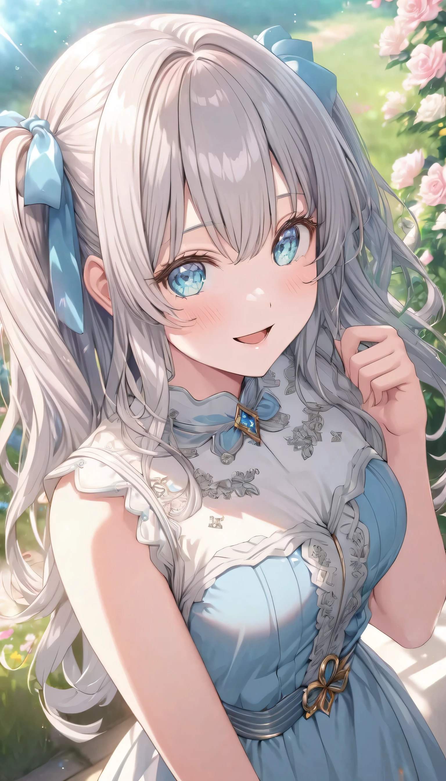 ((ultra-detailed)), (highly detailed CG illustration), (best quality:1.2), ultra-highly detailed, colorful composition, artistic photoshoot, 1girl, solo focus, ((upper body:1.4)), moe anime character, girl, dainty facial structure, (bab(round face), ((rounded chin:1.2)), ((ideal ratio body proportions)), celia-default, celia claire, (blue eyes), sparkle eyes, silver hair color, two side up, ((hair ribbon with blue)), ((blue semi formal dress with gold decorations)), (happy), (joyful), (open mouth), ample breasts, best quality, masterpiece, best quality, masterpiece, standing by the victorian garden with flowers, beautiful detailed sky, sunshine pouring down, from front, expecting, pink cheek, blush, light pink gloss slip, portrait, depth of field, soft lighting, sidelighting, (shine), lighting, caustics, ray tracing, smile, perfect face, lustrous skin, highly detailed face, highly detailed eyes, perfect face, perfect nose, perfect hair, perfect eyes, perfect anatomy, beautiful hair, beautiful small face, extremely detailed face, beautiful detailed eyes, beautiful clavicle, beautiful body, beautiful huge breasts, leavage, breasts squeezed together, equalize the size of the left and right breasts, asts, beautiful thin thighs, beautiful legs, beautiful fingers, 4 fingers, 1 thumb, lovely, (very detailed background:1.0), (highly detailed background:1.0), spring aesthetic, intricate details, relaxed atmosphere, spring colors palette, chromatic aberration