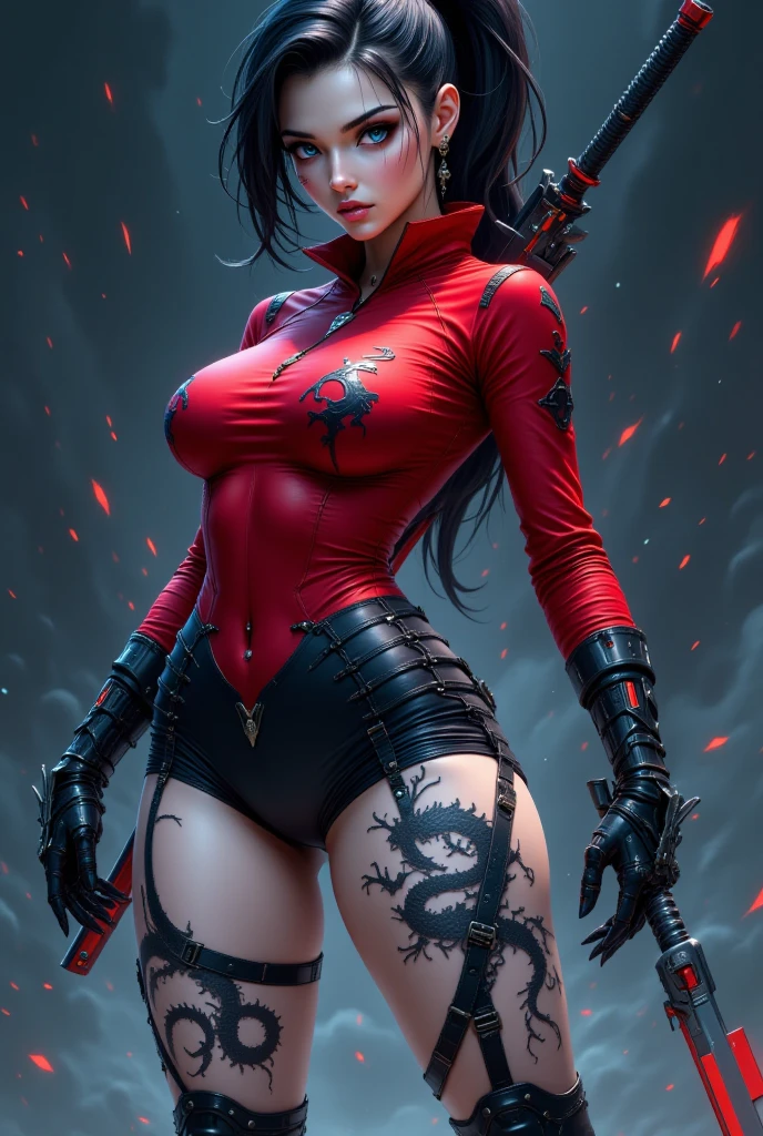 a white-skinned demon girl, black hair ending in several snake heads, olhos vermelhos, vestindo um quimono roxo e vermelho semiaberto, revelando seu corpo sensual, sentada em uma pose sexy, olhar provocativo, temptation, imagem detalhada, highes definition