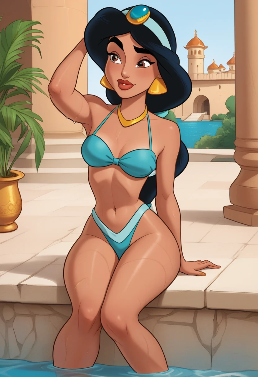 ((1girl)), ((jasmine)), (((sexy))), ((brown skin)), ((thick thighs)), ((big booty)), ((wide hips)), (big breasts), ((black hair)), (sexy smile), ((best quality)), (high quality), (detailed), (perfect face), (), (teal bikini), ((fishnets)), ((sitting)), ((from above)), 