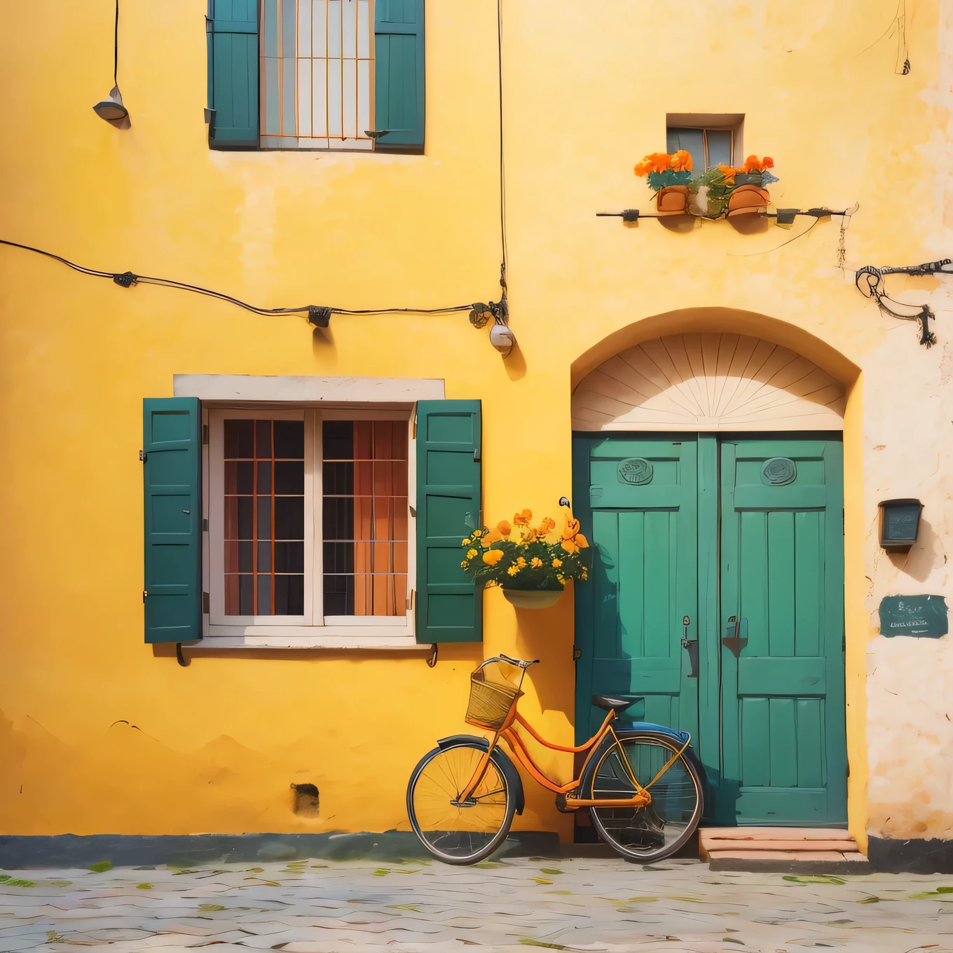 masterpiece, ultra detailed, beautiful, distinct, best aesthetic, super fine illustration, vibrant yellow wall, green shutters, striped awning, red flower pot, windowsill, orange bicycle, cobblestone ground, bright colors, vivid architecture, simple bicycle, #drawing style: Mixed Media #painting method: Impasto, pointier painting method, pointillism technique, repoussoir, Sfumato, Detailing oil pastel art, impressionism, Van Gogh style, Detailing digital painting