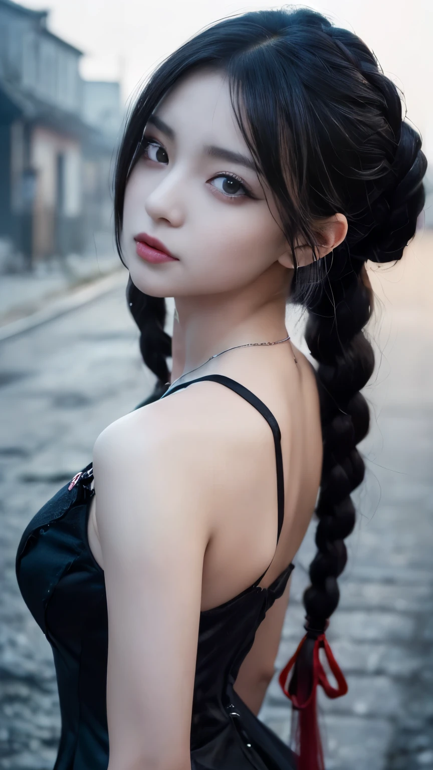 <lora:Sl1ngsh0t:0.8>, sl1ngsh0t, slingshot swimsuit, masterpiece, best quality, official art, 1girl, solo, (Chinese ancient buildings), ((female focus on)), ((color splashing)), (colorful), dyeing, beautifully painted, highly detailed, multiple color hair, (black color hair), colored inner hair, floating hair, braid, bun,hairpin, women's hair ornament, Eardrop, jade necklace, nsfw, A beautiful young woman with Korean-style facial features resembling a popular actress.