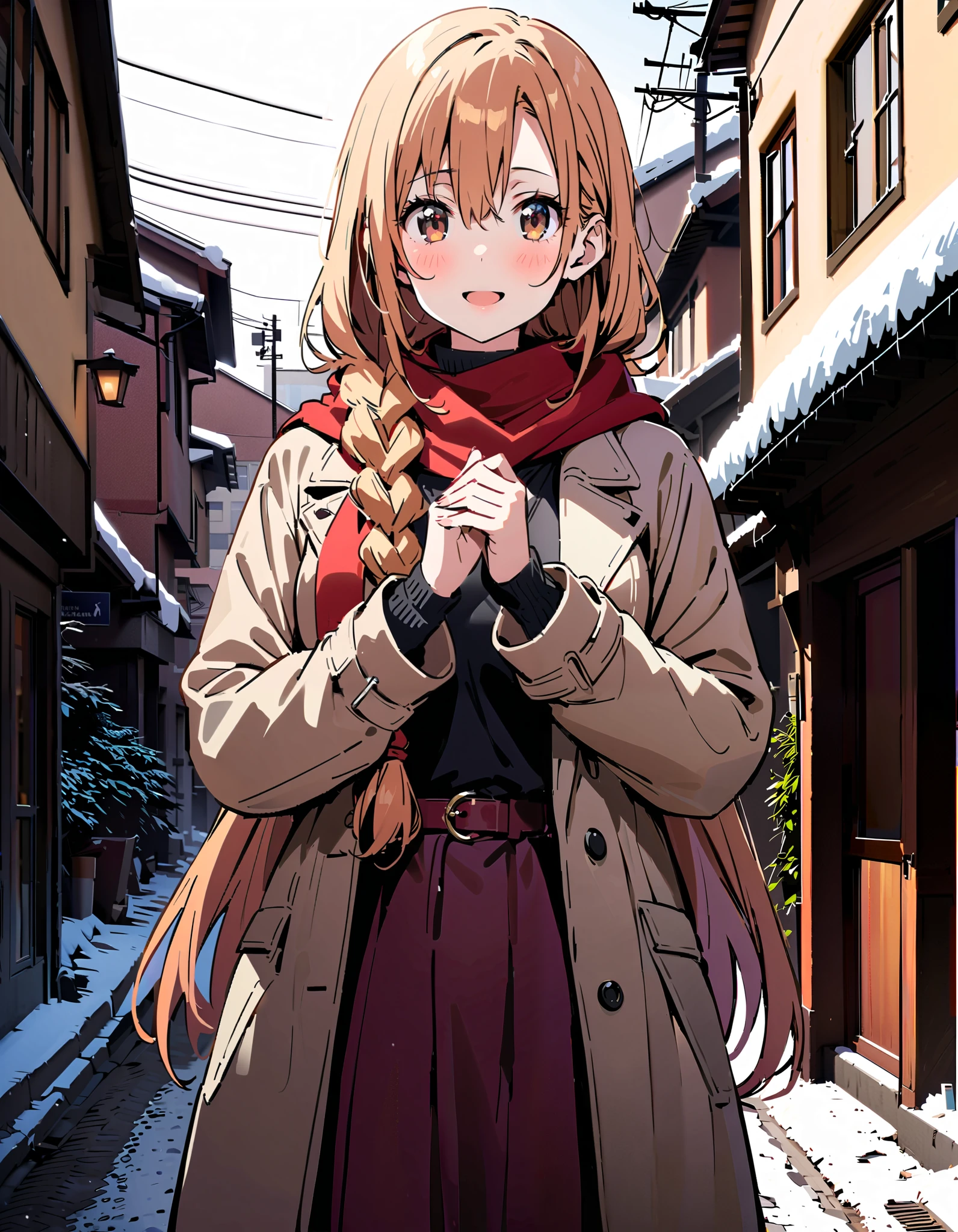 Asuna Yuki , long hair, bangs,Alone, braided, Hair, brown eyes,single braided,Medium breast,smile,blush, open their mouths, red scarf,White Down Coat , ( sweater :1.2),( turtleneck:1.2), long skirt , boots, standing,snow,whole bodyがイラストに入るように, break looking at viewer,whole body, break outdoors, Around town, break ( Masterpiece:1.2), top quality , kampala,unity 8k wallpaper,(shape:0.8),( fine, beautiful eyes :1.6),It's a person ,whole body写真,CG Details , ( perfect hand, complete anatomy),